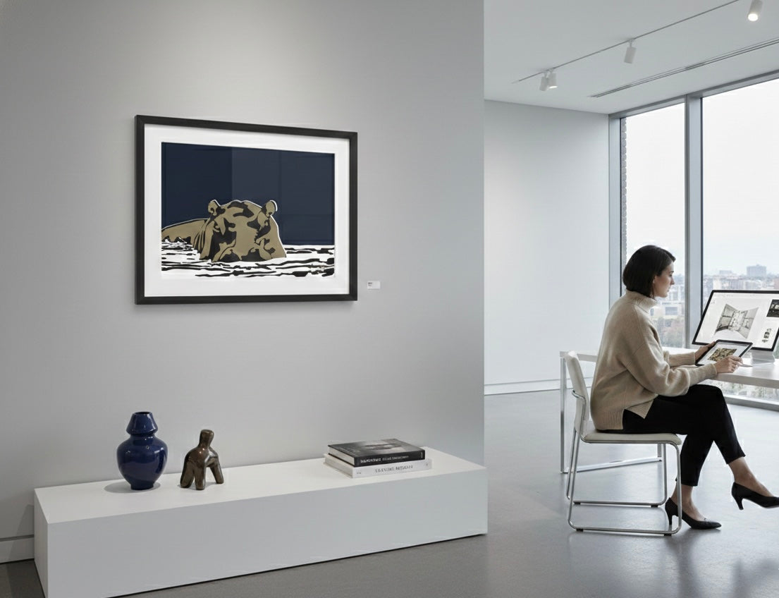 Boss of the River Night Edition by Ilana McBain, a dark contemporary hippo artwork representing quiet authority, protection, and grounded confidence.
Woman sitting on a chair looking at a tablet in a modern room with framed artwork and decor items.