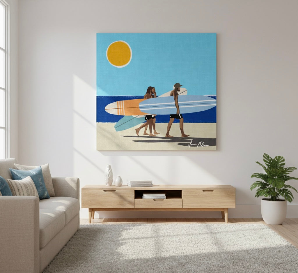 Living room with a painting of Wave Chasers limited edition canvas artwork by Ilana McBain inspired by ocean movement and adventurous coastal energy