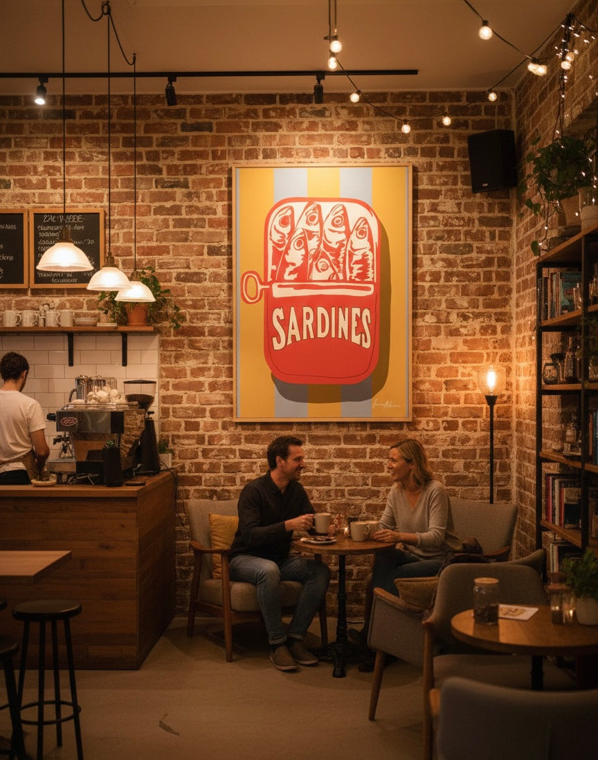 Two people sitting at a table in a cozy cafe with a brick wall and 'Sardines' poster. Pop art painting Illustration of a sardine in a red can with on a striped gold and blue background