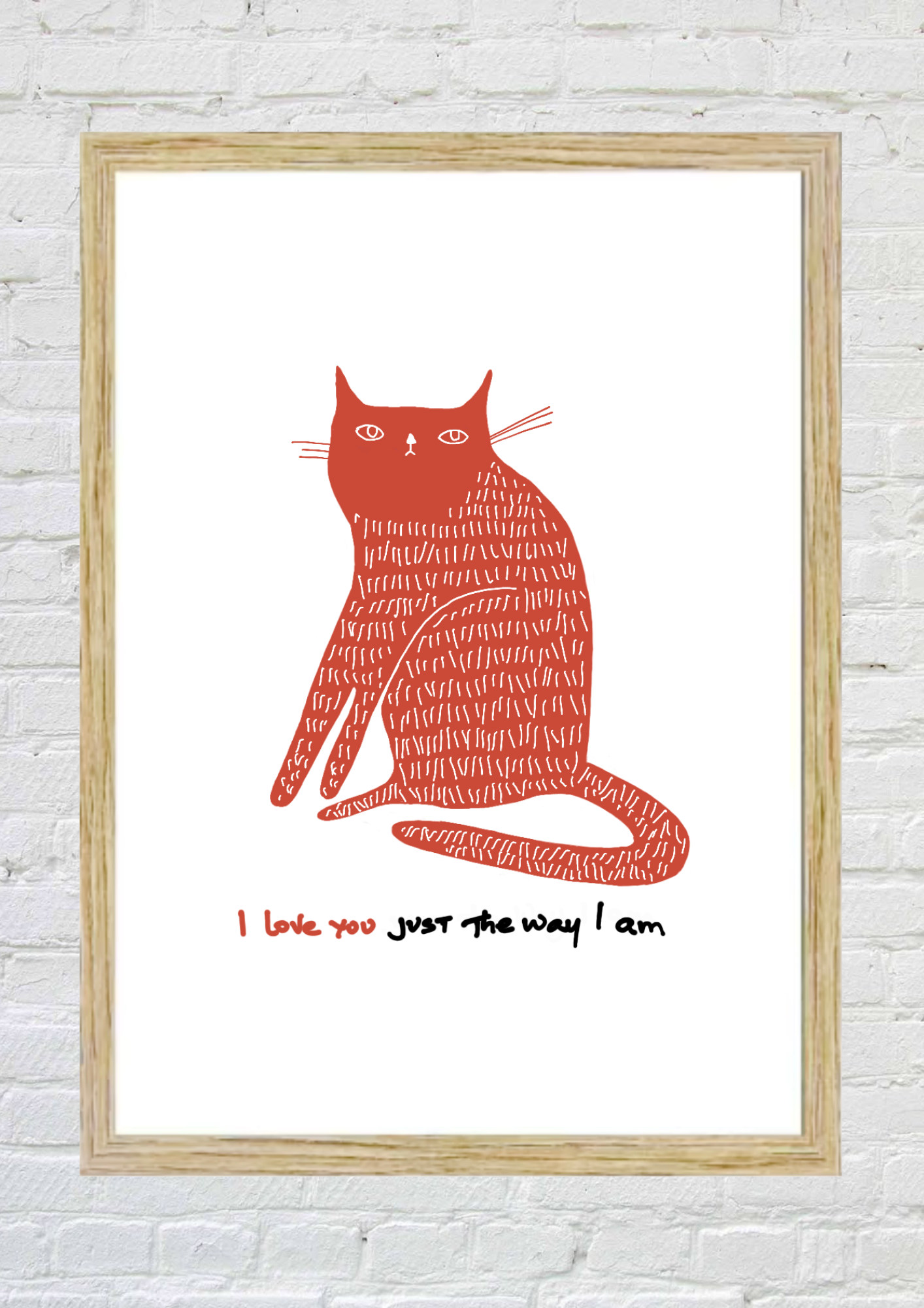 Framed artwork with a red cat illustration and text on a white background