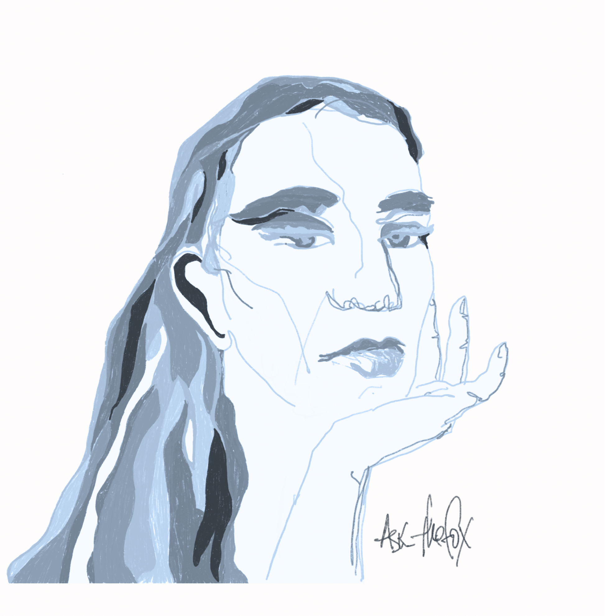 Artistic illustration of ilana McBain self portrait with long hair and a hand near their face on a white background.