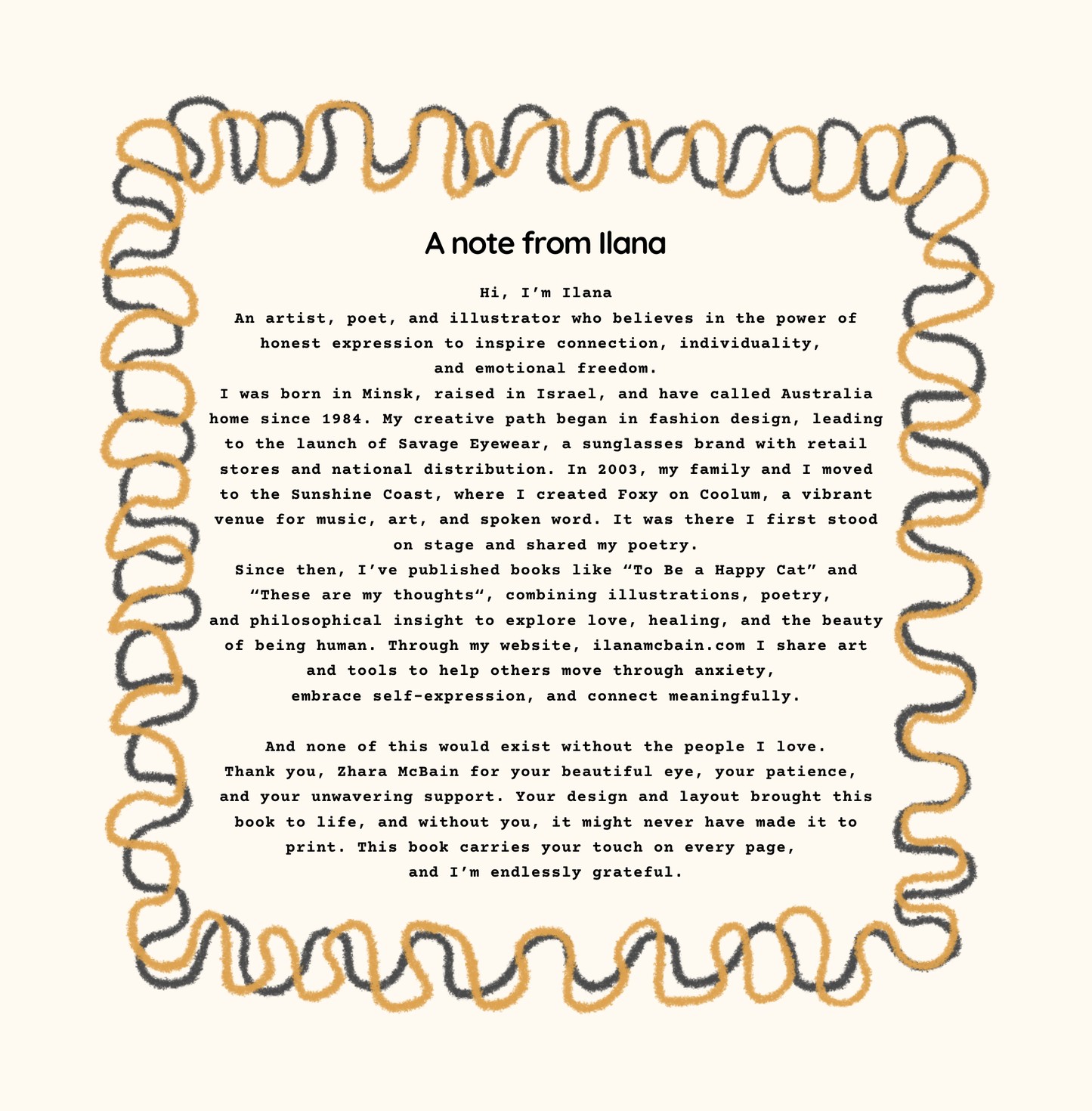 Note from Ilana with decorative border on a white background