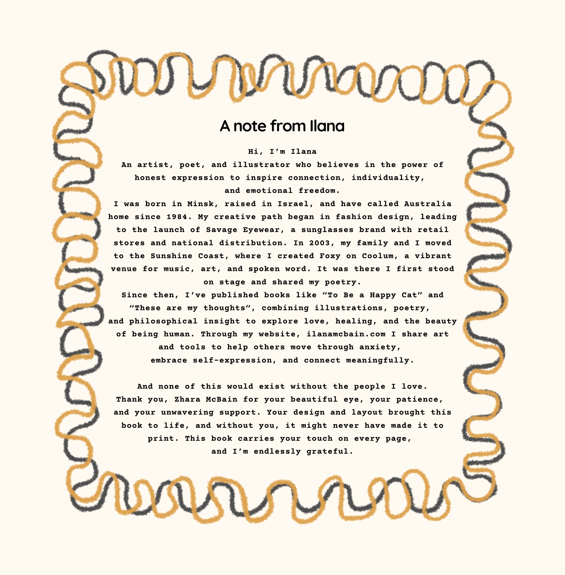 Note from Ilana with decorative border on a white background