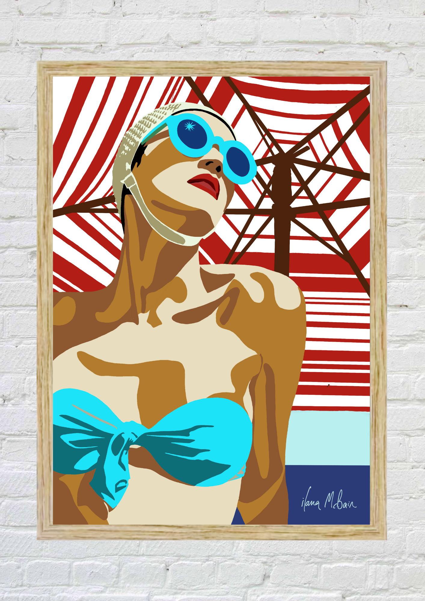 Artistic depiction of a retro woman with sunglasses against a red and white striped beach umbrella, framed on a white brick wall.