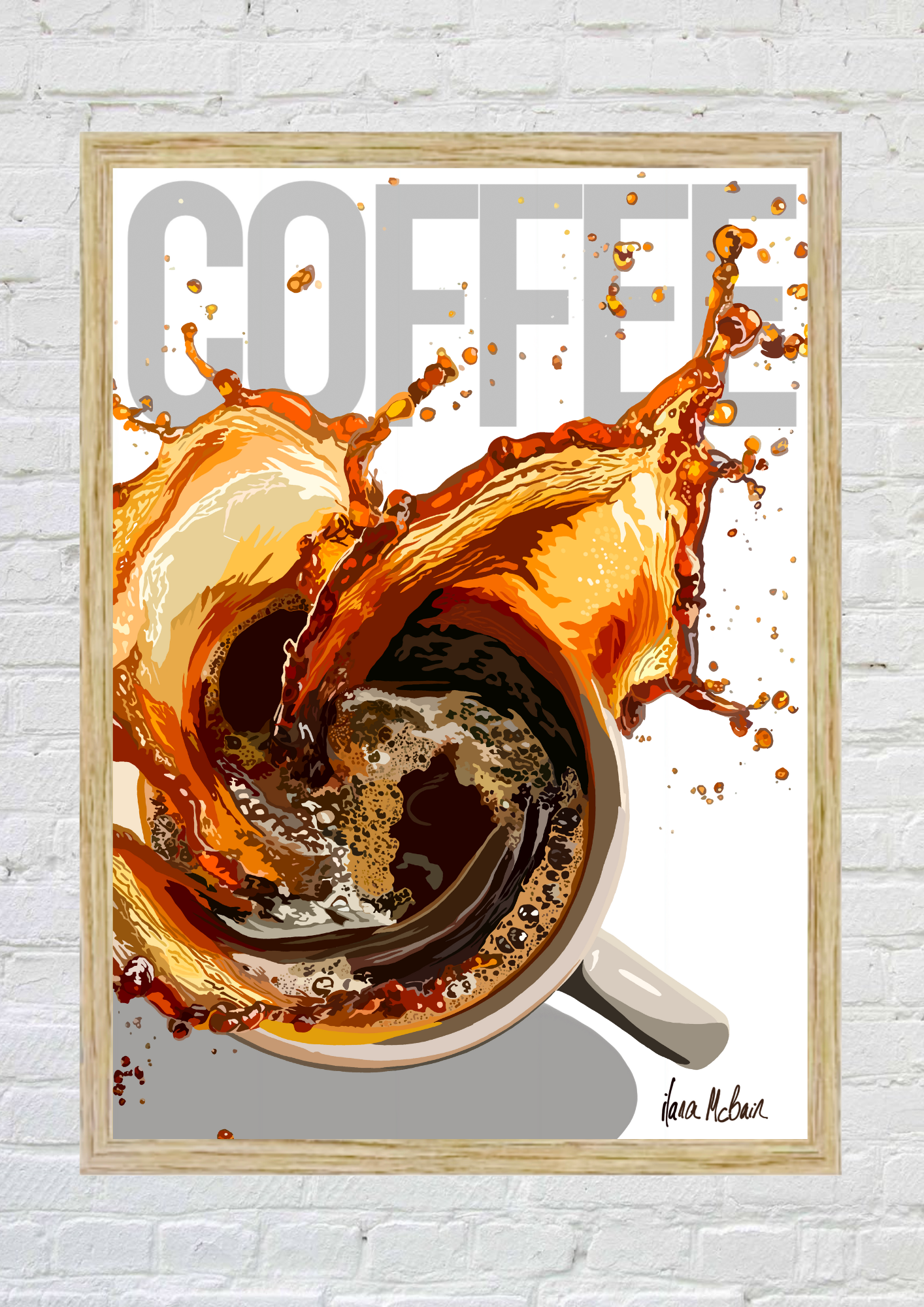 Framed artistic depiction of a coffee cup with splashing coffee and the word 'COFFEE' above.