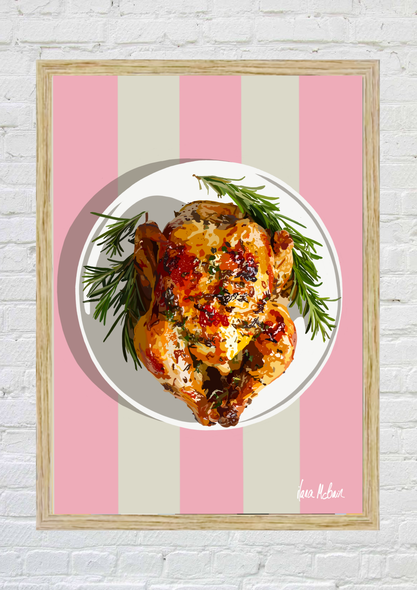 Framed artwork of a roasted chicken on a white plate with rosemary, against a pink and gray striped background.
