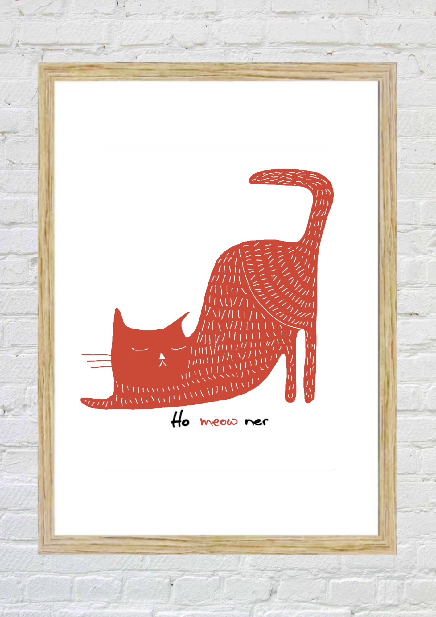 Framed illustration of a red cat with 'Ho Meow ner' text on a white background