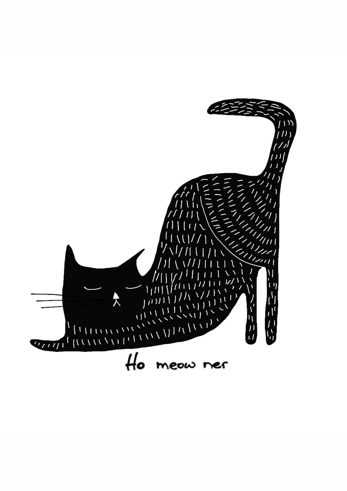 Black cat illustration with 'ho meow ner' text on a white background