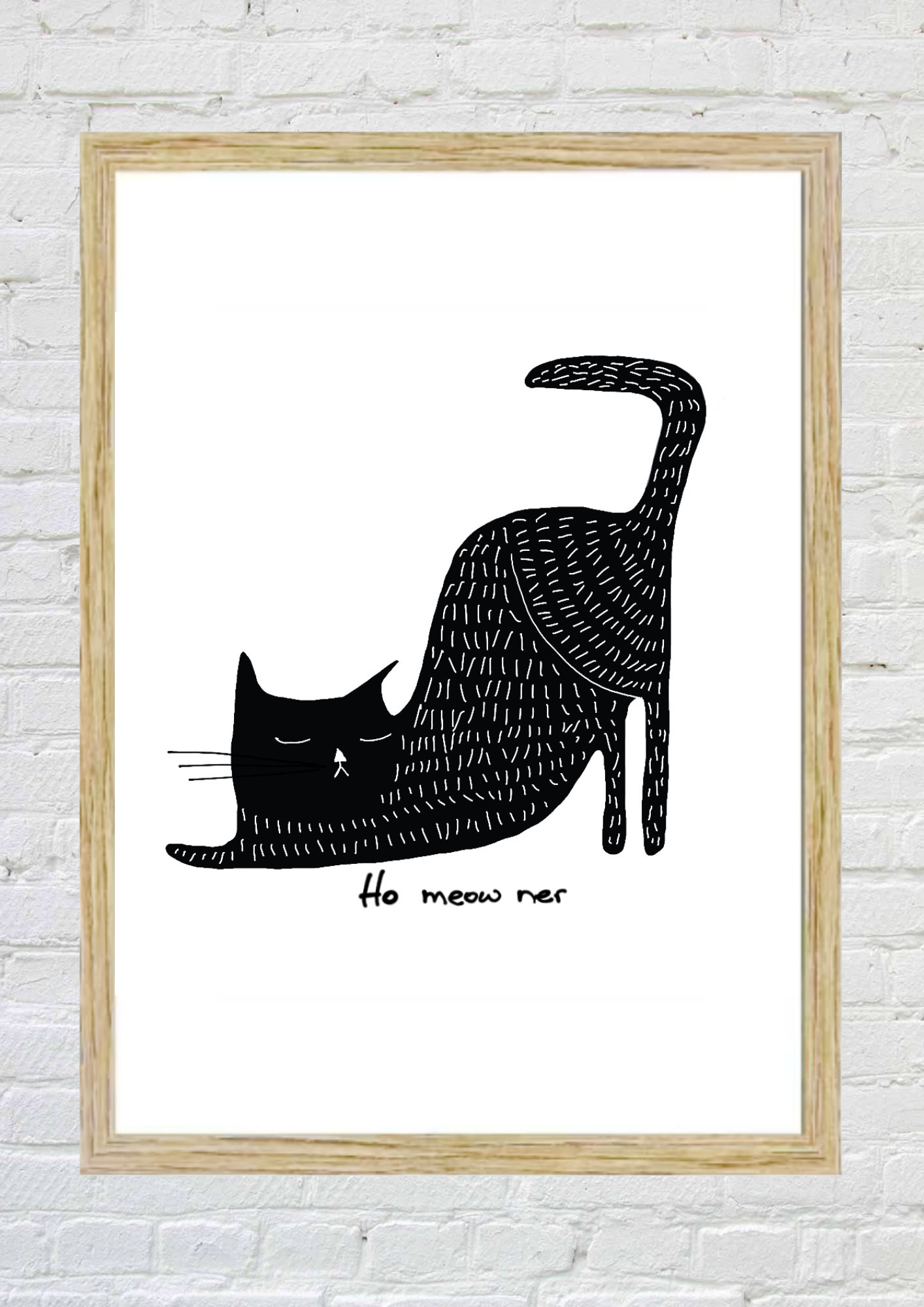 Framed artwork of a black cat illustration with 'ho meow nee' text on a white background.