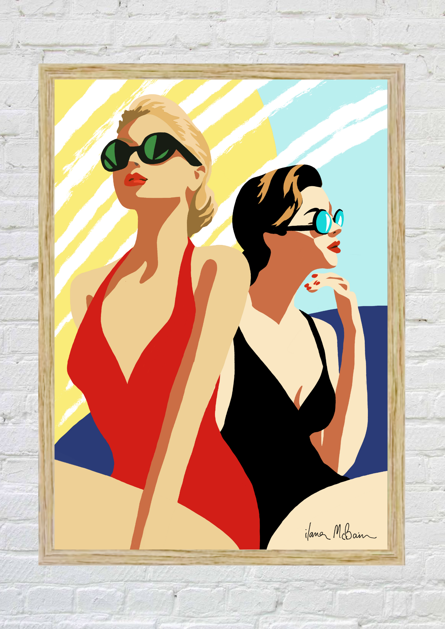Two retro women in swimsuits with sunglasses against a colourful abstract background
