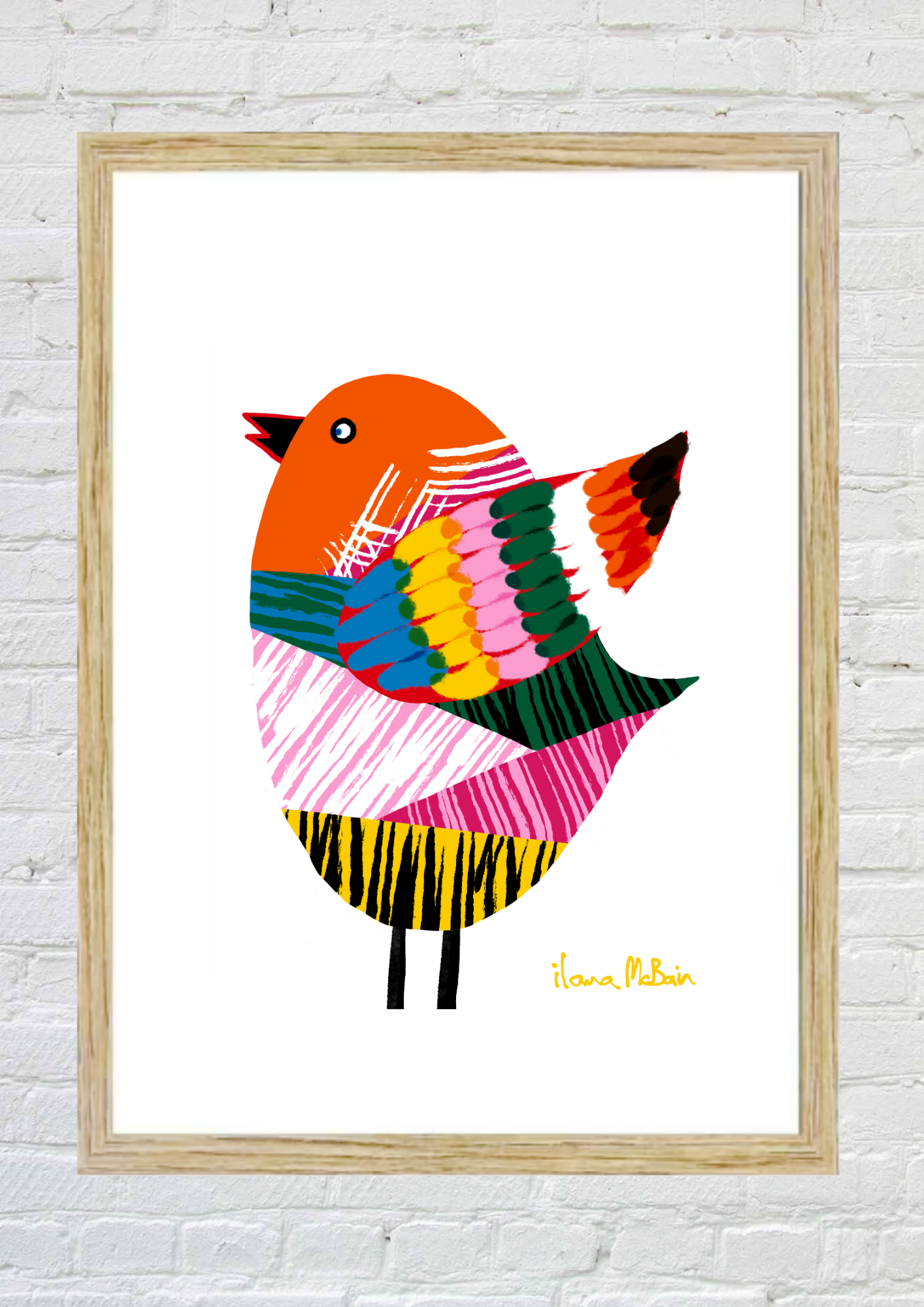 Colourful Bird Print By Ilana McBain In a Birch Frame