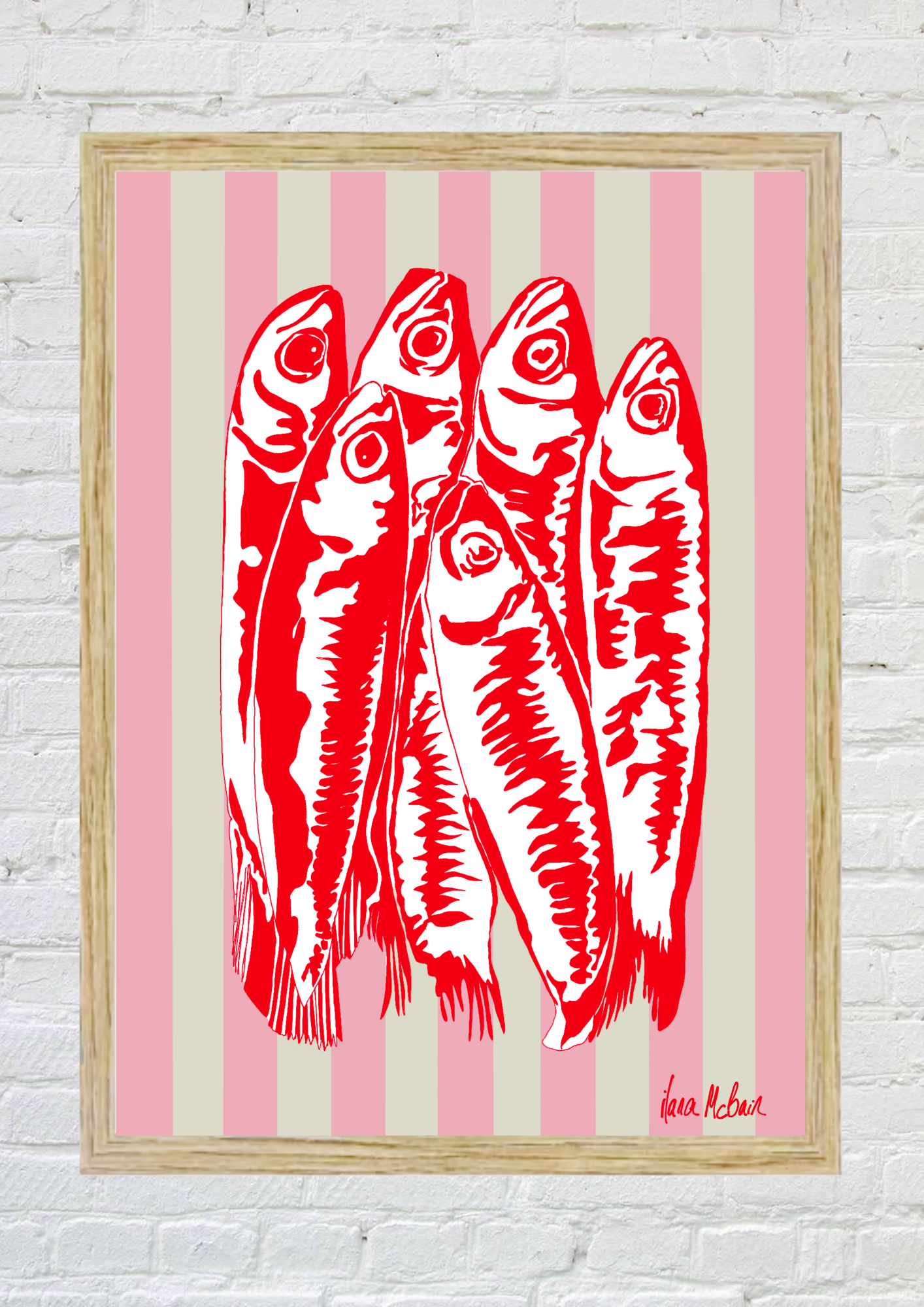 Framed artwork with red sardines illustrations on a pink and white striped background