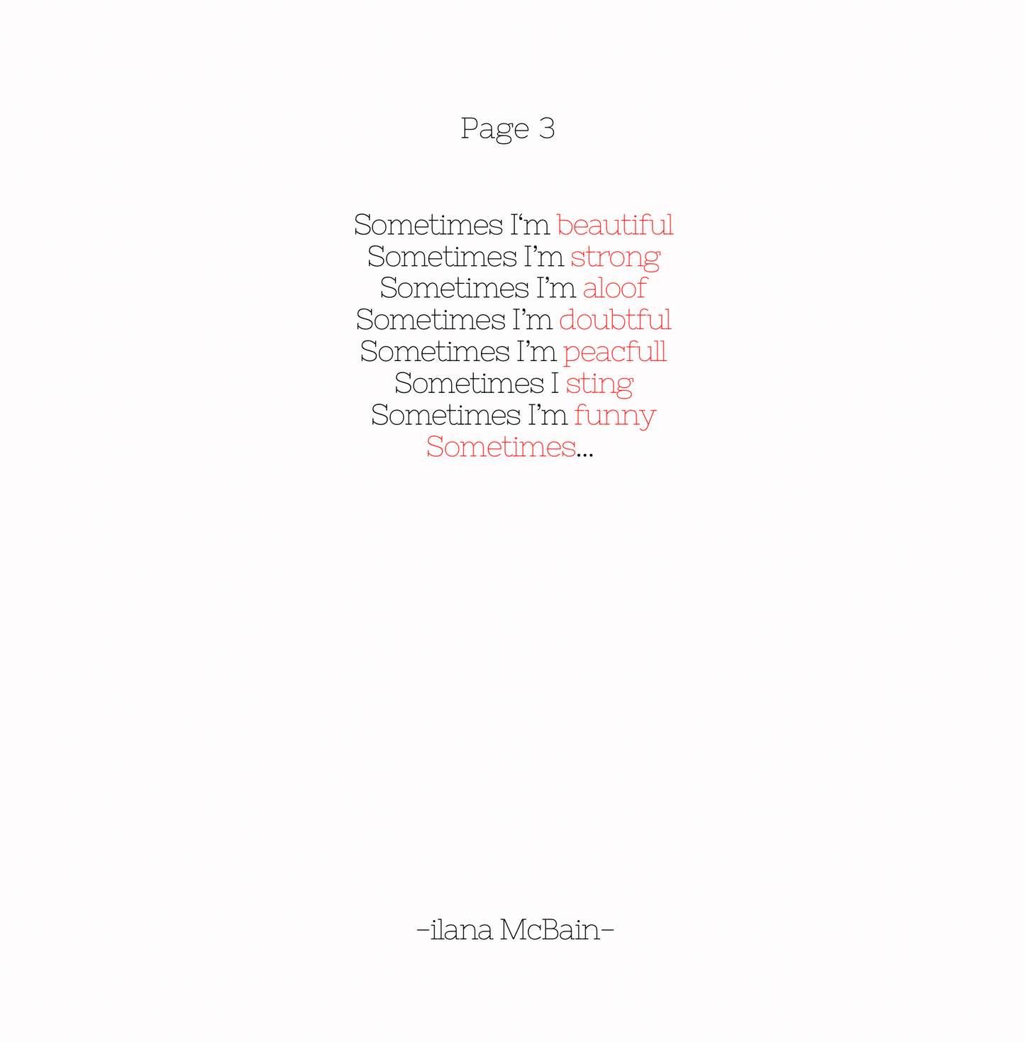 A poem from the book written in black and red. 