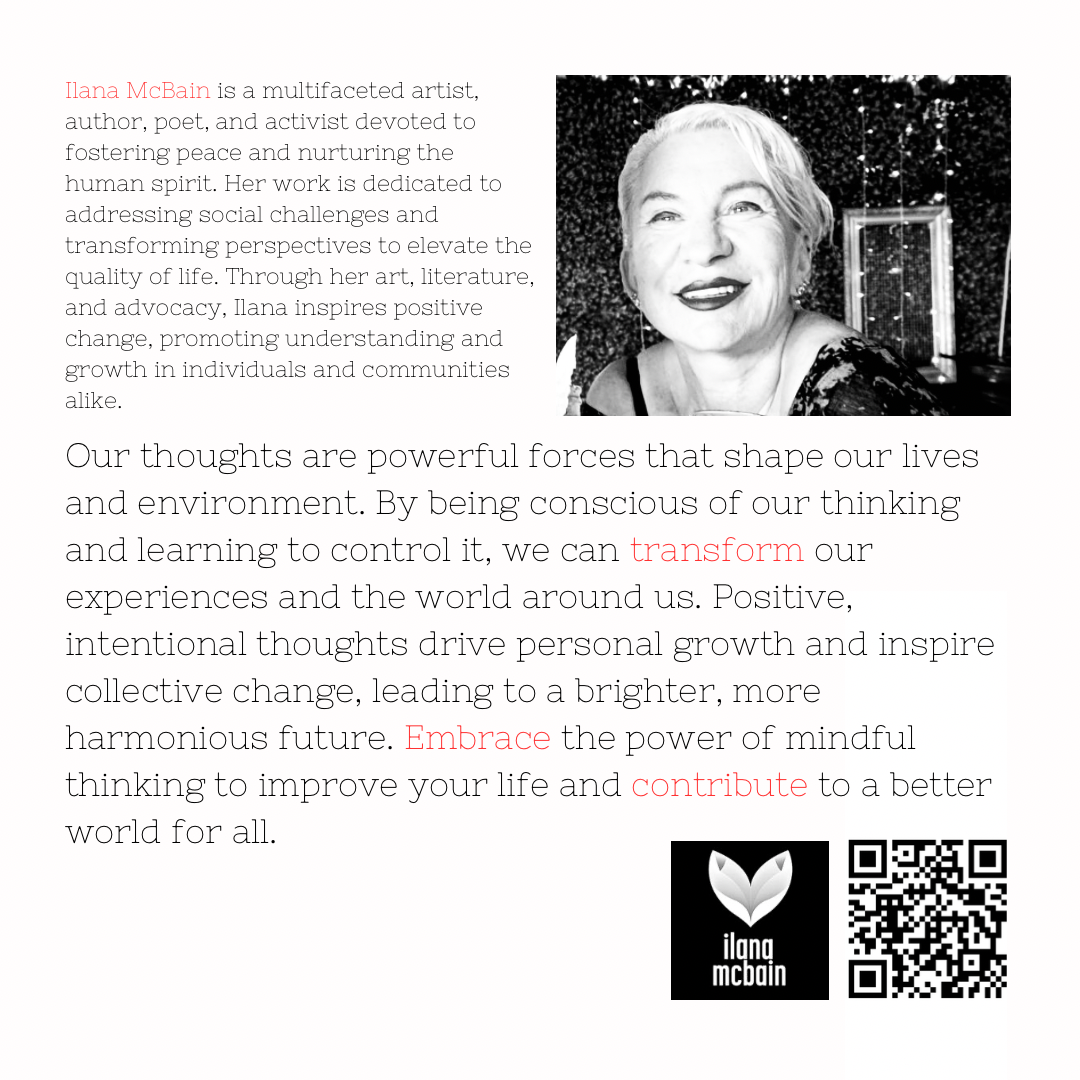 Black and white portrait of a Ilana McBain with text about her work and a quote on a white background.