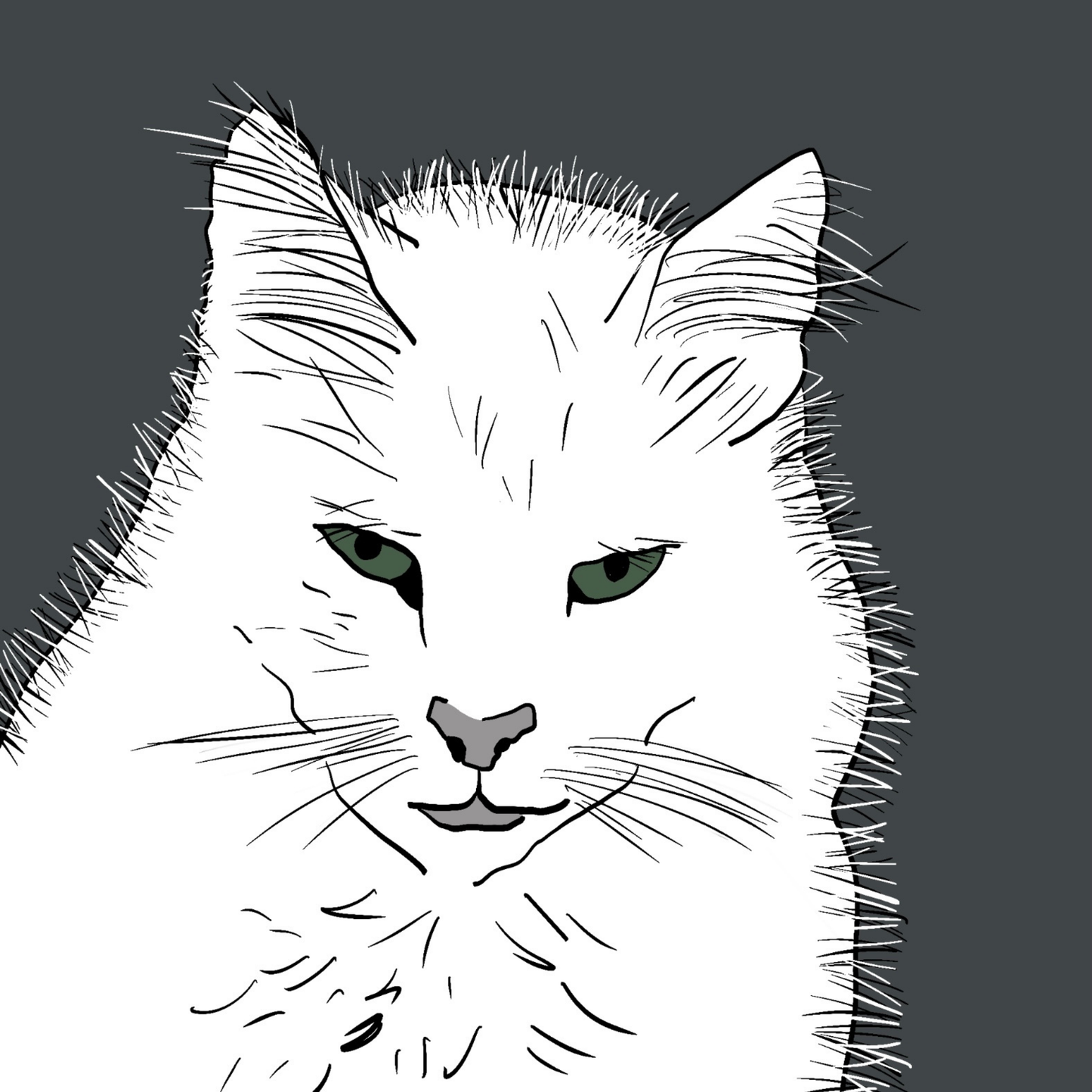 A beautiful illustration of a white cat with green eyes
