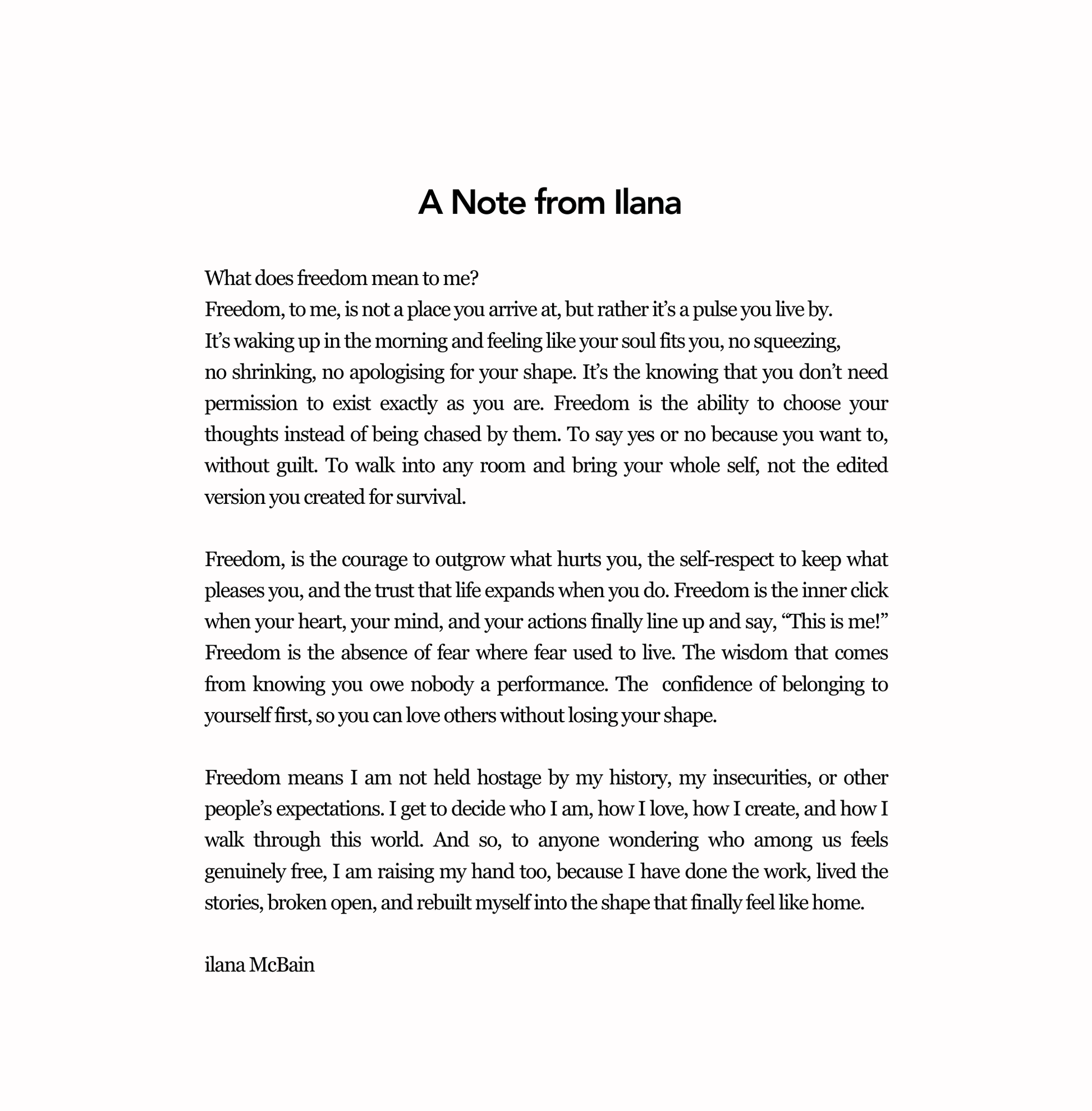 Text document titled 'A Note from Ilana' on a white background