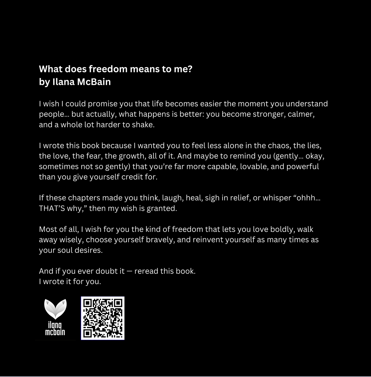 Text on a black background with a QR code and logo for Ilana McBain.