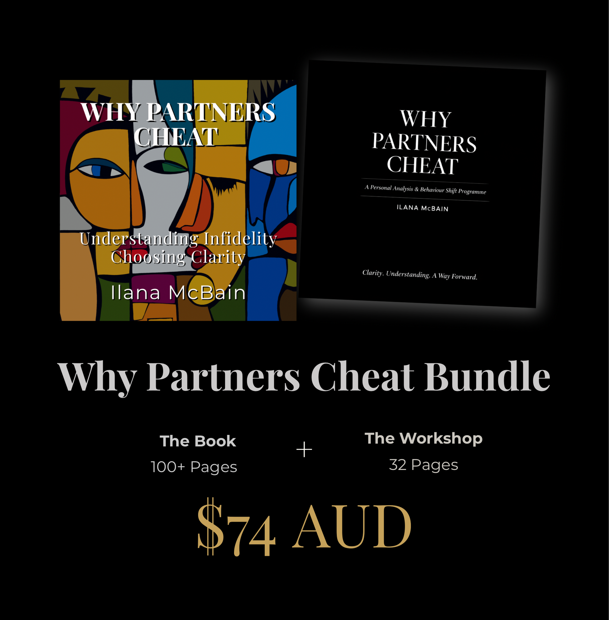 Why Partners Cheat bundle by Ilana McBain featuring book and digital workbook for understanding infidelity, emotional clarity and relationship insight