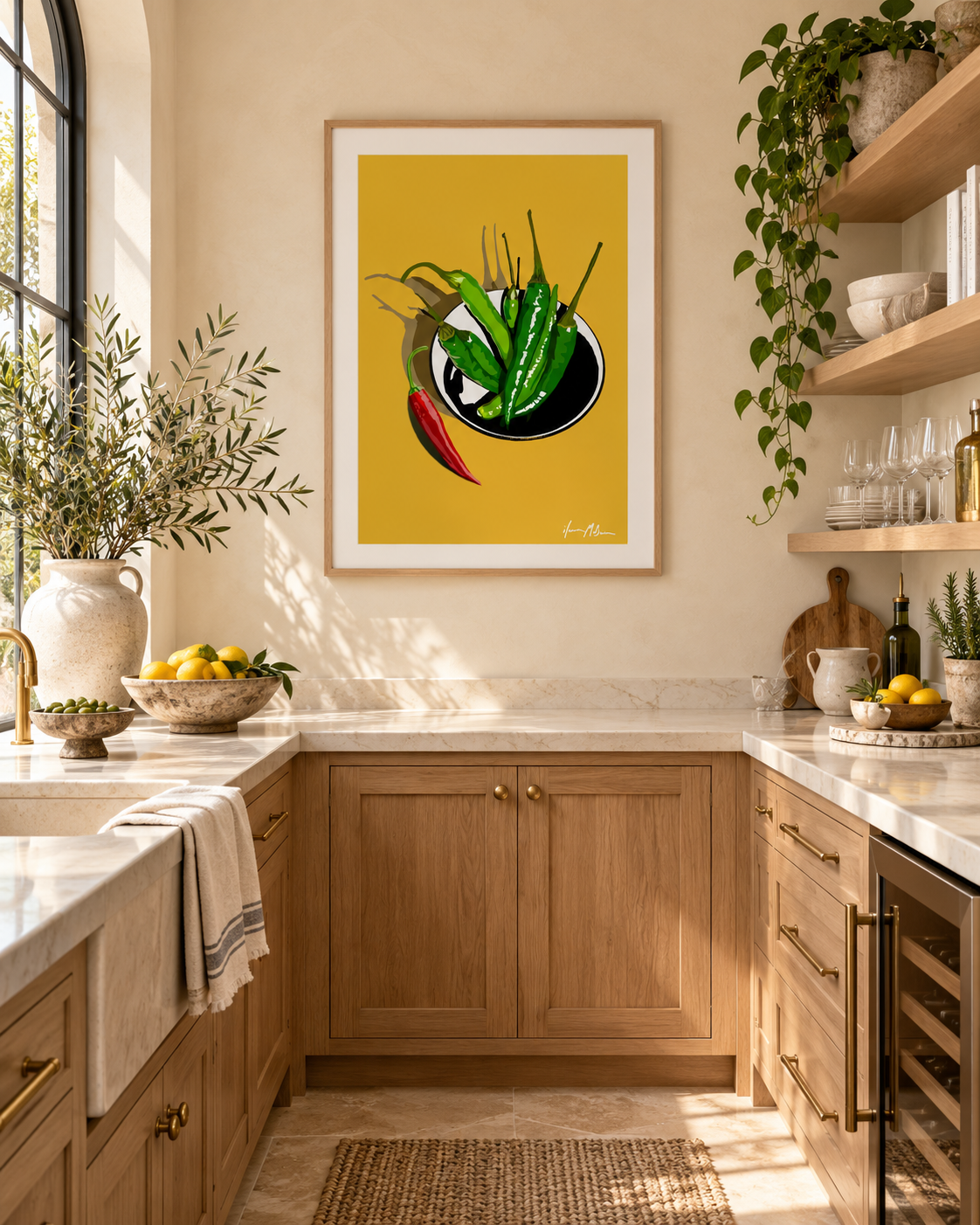 A Little Heat mustard chilli art print styled in a warm modern butler pantry with natural timber cabinetry, stone surfaces and Mediterranean-inspired details.