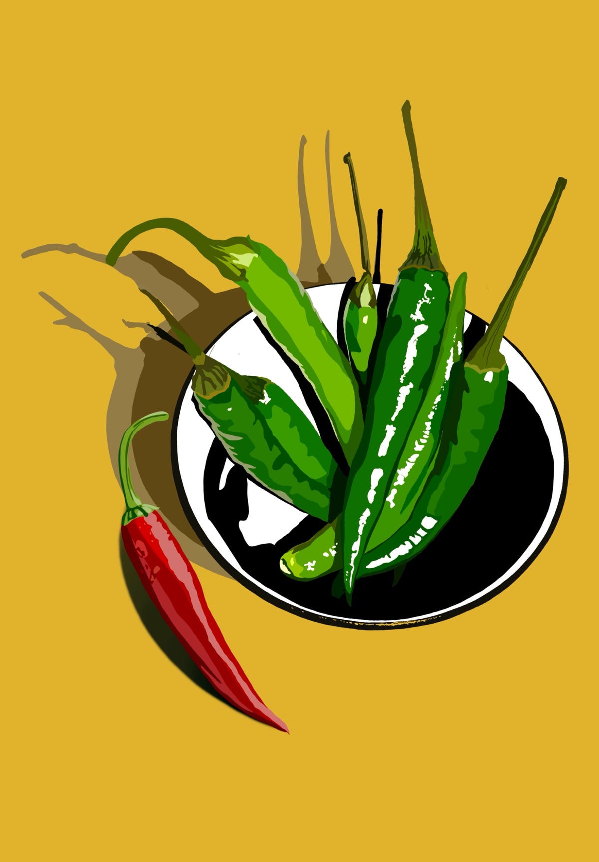 A Little Heat contemporary chilli art print by Ilana McBain featuring vibrant green chillies and one red chilli on a mustard yellow background.
