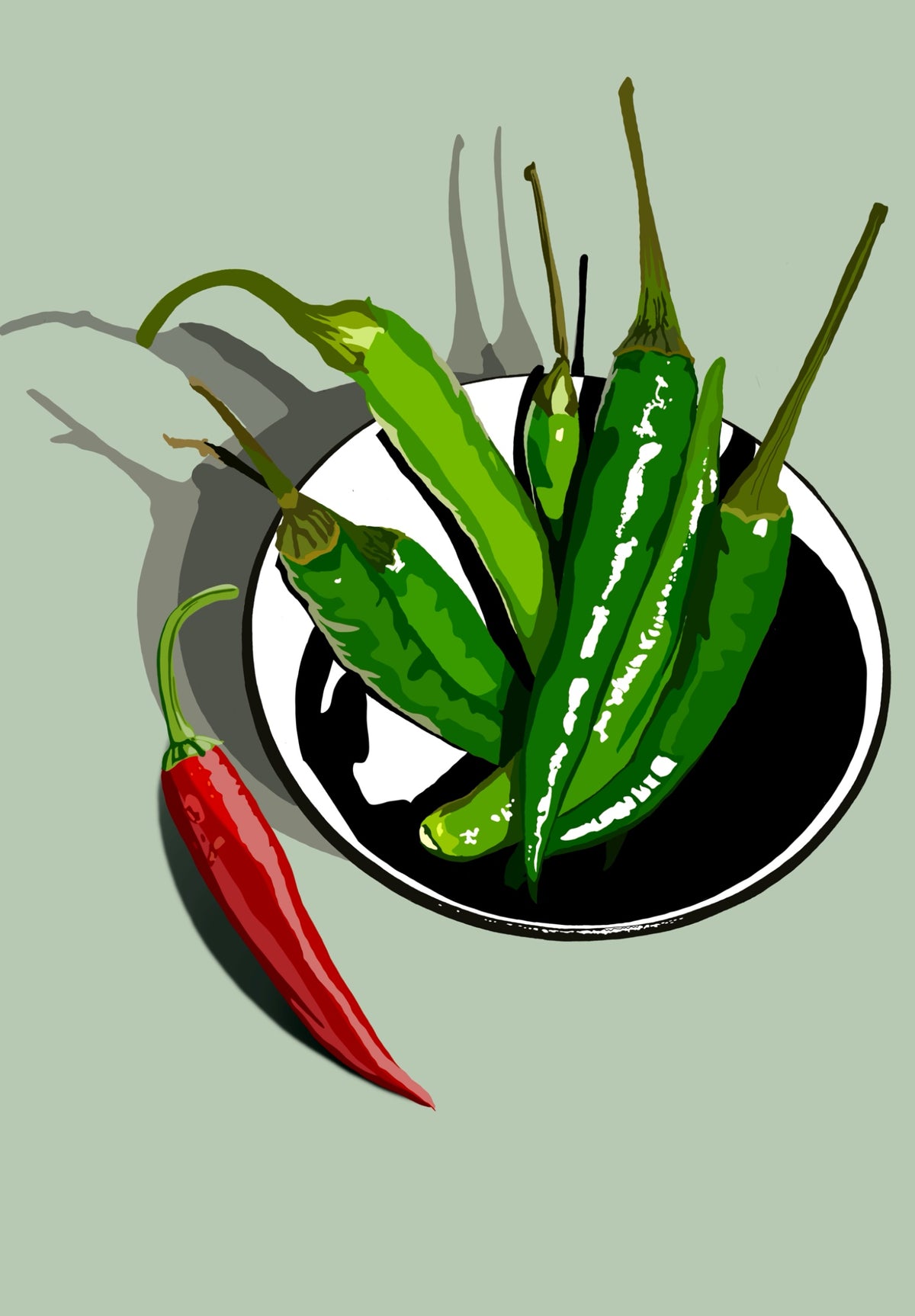 A Little Heat Sage contemporary chilli art print by Ilana McBain featuring green chillies and one red chilli on a soft sage background.