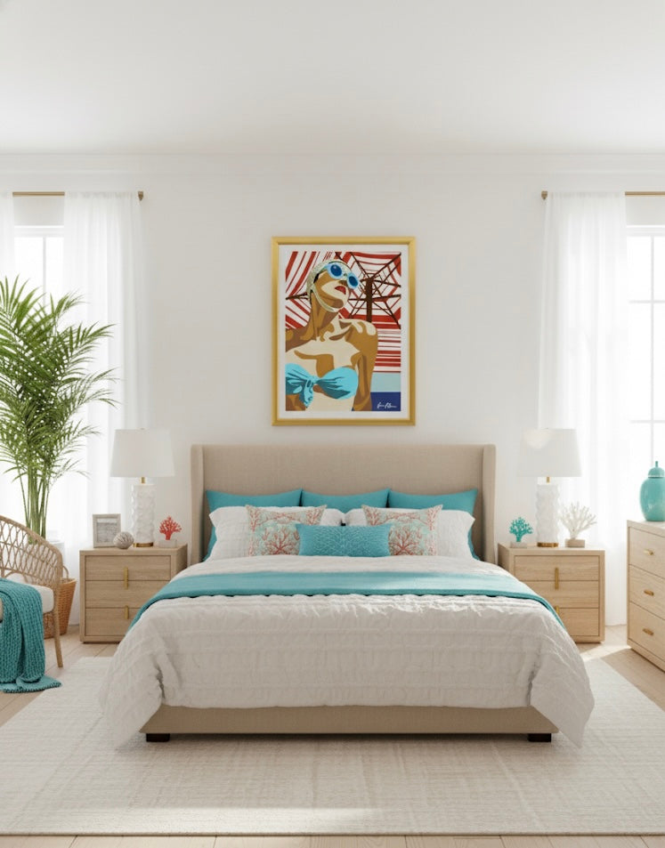 Artistic art print, retro depiction of a woman in a blue bikini and sunglasses against a red and white striped beach umbrella background on a bedroom wall.