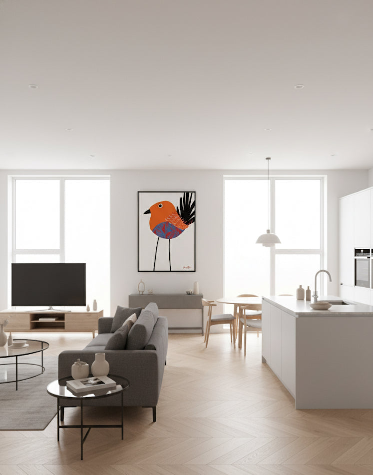 Feathered serenity - Bird art print By Ilana McBain. Feathered serenity - Bird art print By Ilana McBain. A graceful long legged red bird with multi coloured body and black tail. On a white wall In an open plan flat.