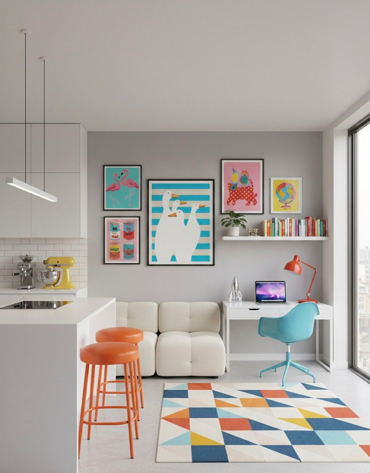 Art print gallery of four white ducks with orange beaks on a blue and beige striped background. In a modern retro small open plan living/kitchen room. 