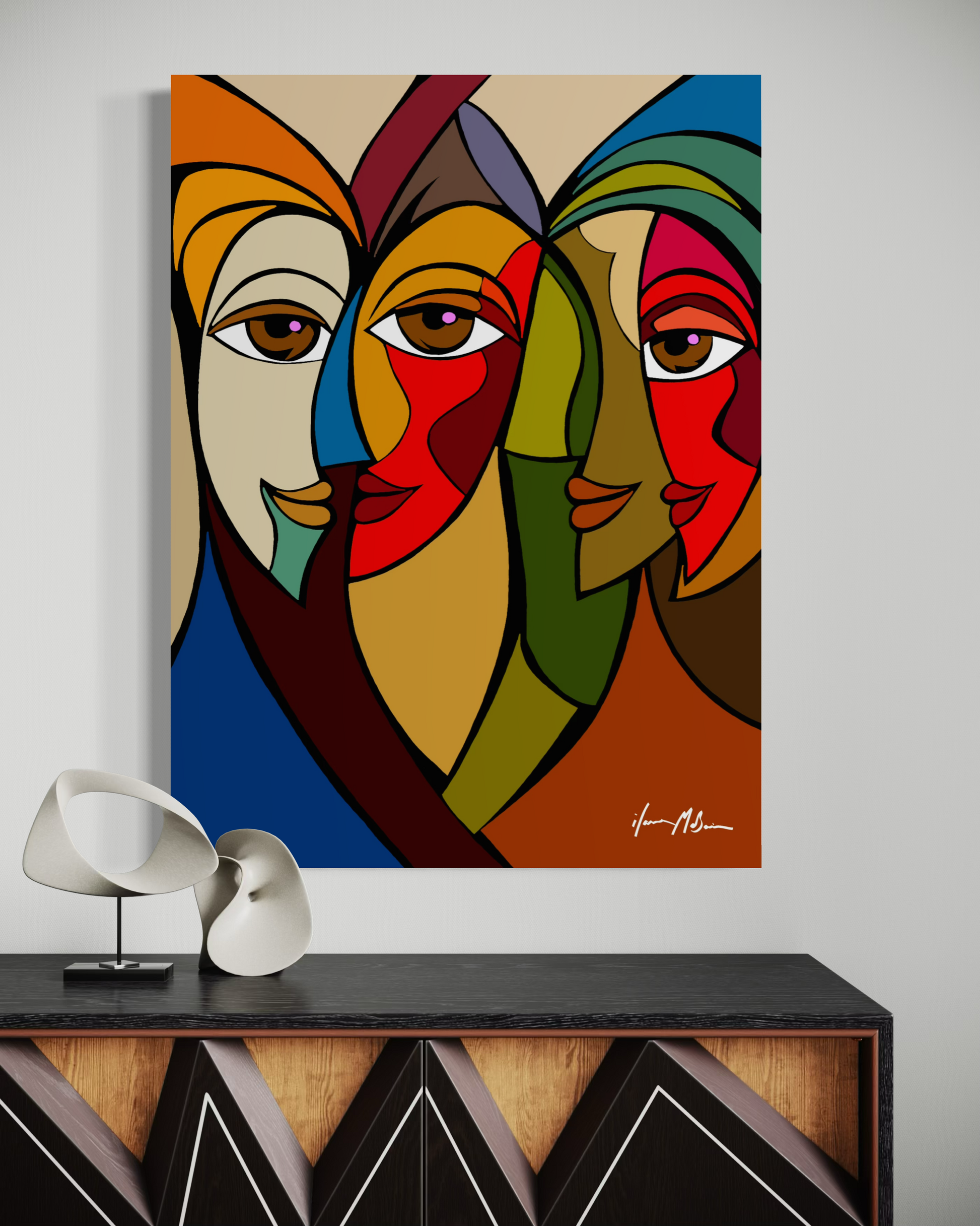 Contemporary abstract figurative painting “Abstract Intimacy” by Ilana McBain shown in elegant modern interior mock-up representing emotional closeness and human connection.

