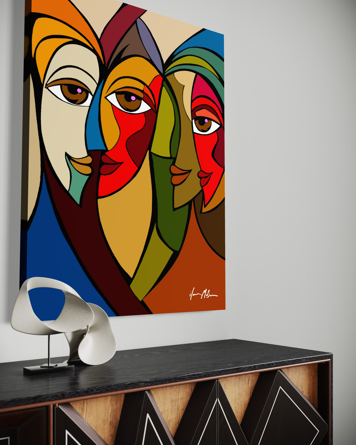 Contemporary abstract figurative painting “Abstract Intimacy” by Ilana McBain shown in elegant modern interior mock-up representing emotional closeness and human connection. Side view.
