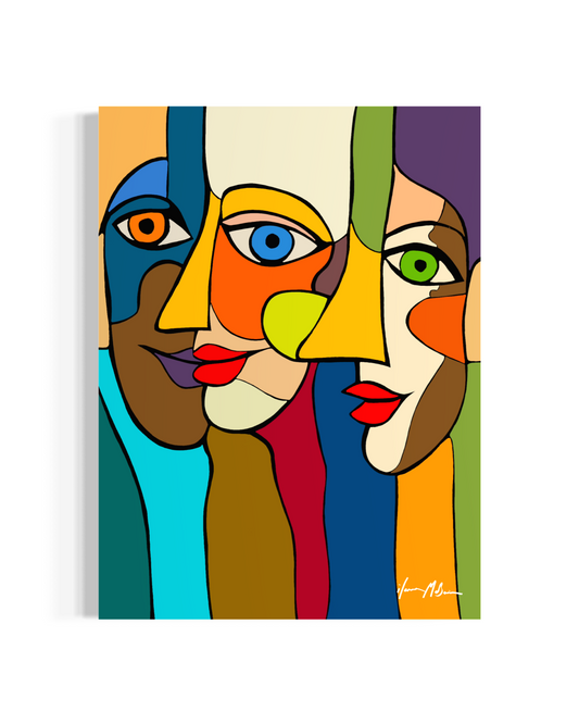 Abstract pop art painting of overlapping faces expressing silent connection by Ilana McBain
