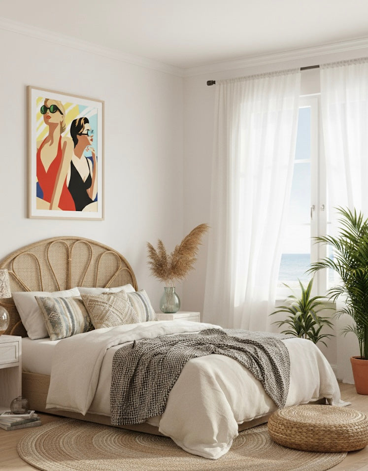 Two women in swimsuits and sunglasses against a colourful background, retro print on a bedroom wall.