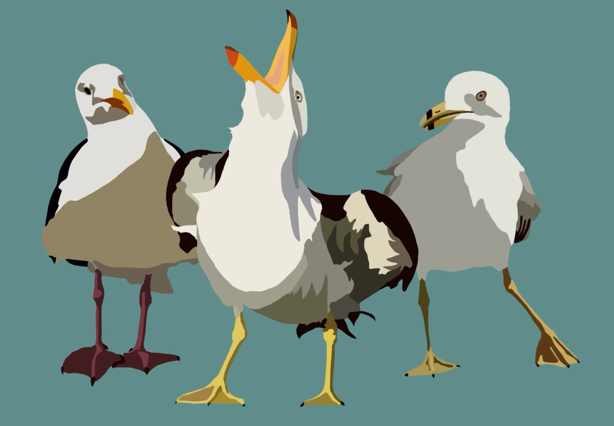 Beach Gossip contemporary seagull art print by Ilana McBain featuring three expressive seagulls on a muted teal-blue background.