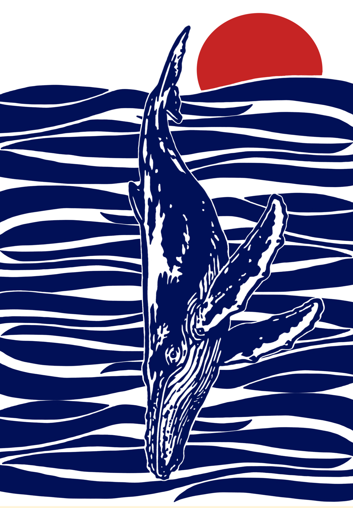 Between the Sun and the Sea contemporary humpback whale art print by Ilana McBain in navy blue, white and red with stylised ocean waves.