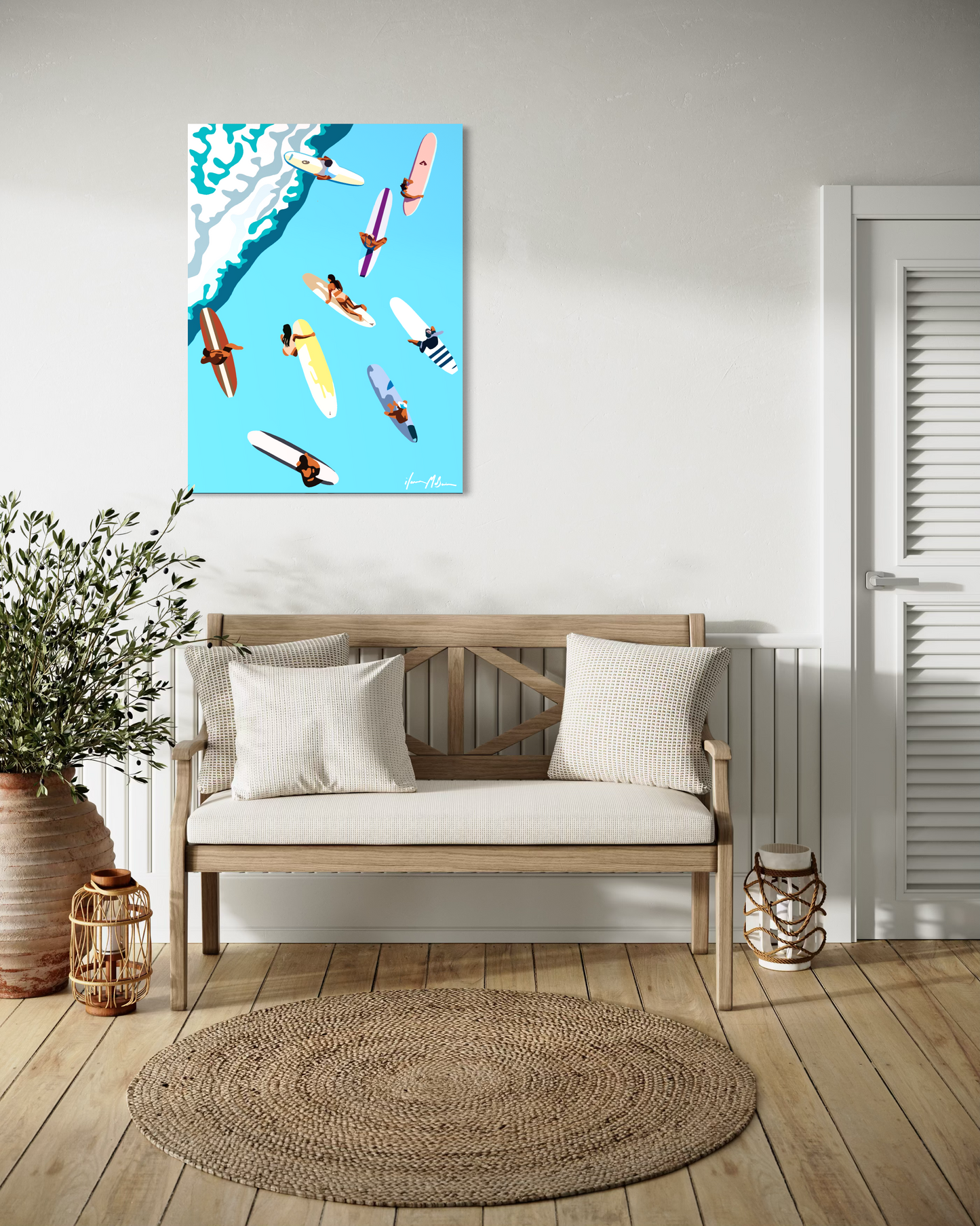 Contemporary coastal artwork “Beyond the Break” by Ilana McBain displayed in modern beach house interior mock-up, inspired by surfing culture and ocean movement.
