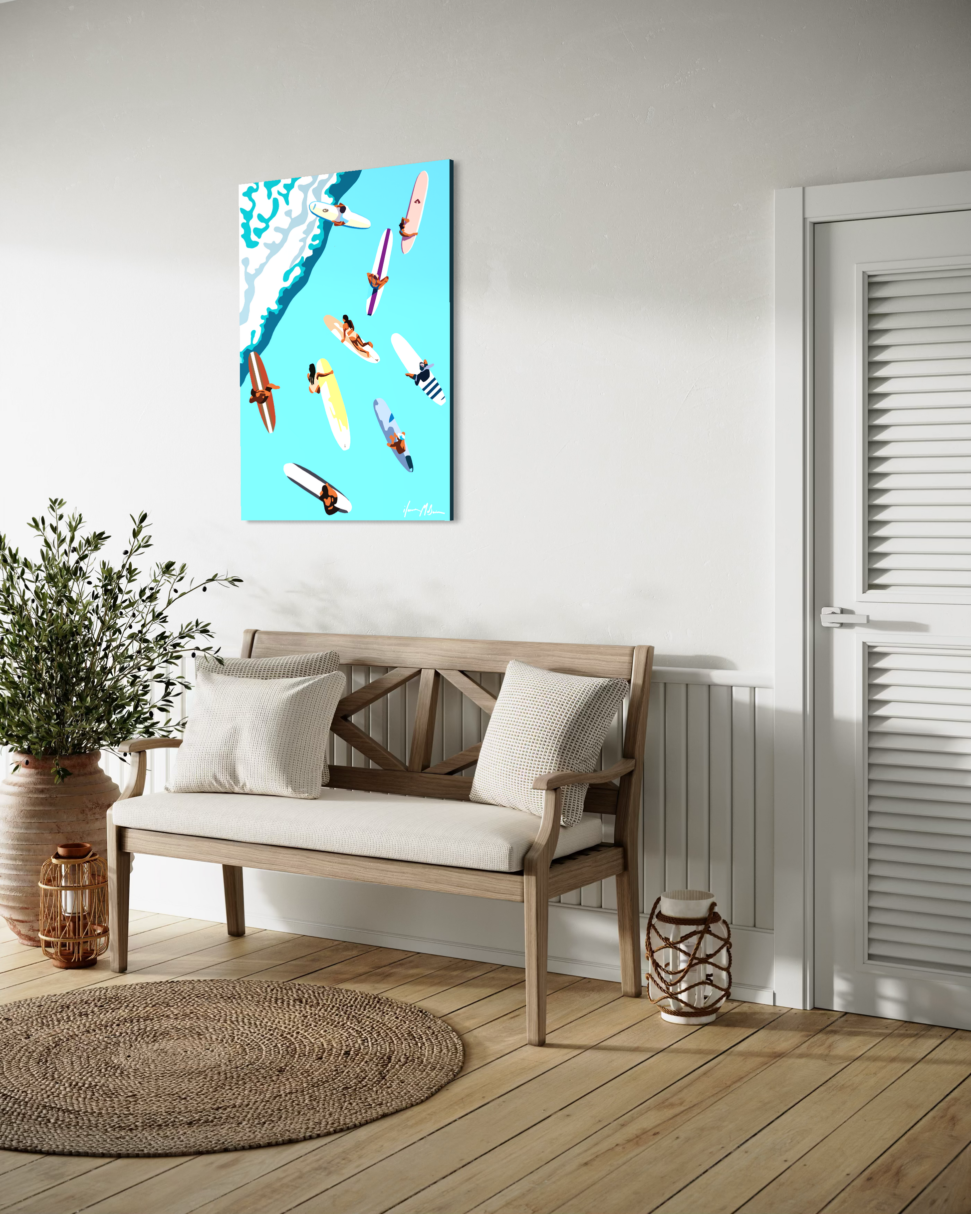 Contemporary coastal artwork “Beyond the Break” by Ilana McBain displayed in modern beach house interior mock-up, inspired by surfing culture and ocean movement. Side view.

