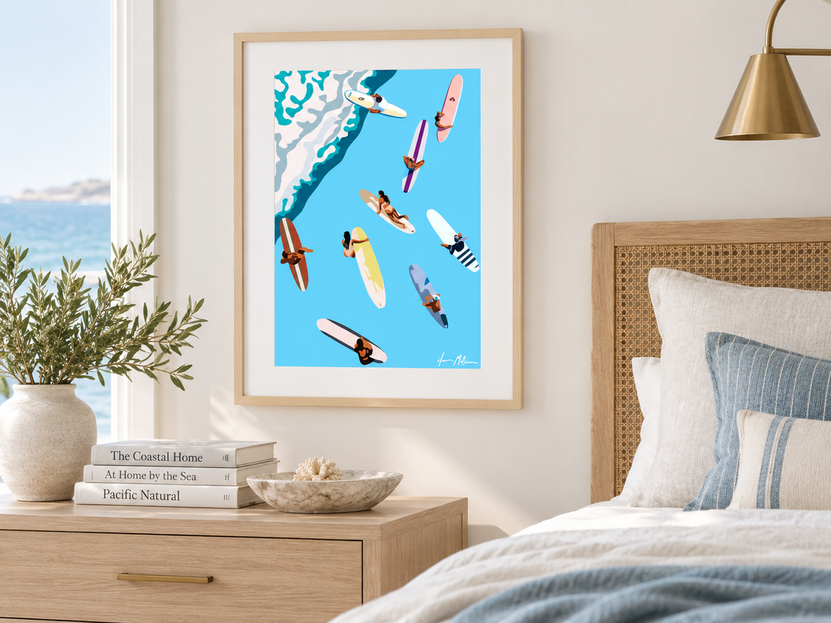 Beyond the Break contemporary surf art print by Ilana McBain in a birch frame with white mat board styled in a bright modern bedroom