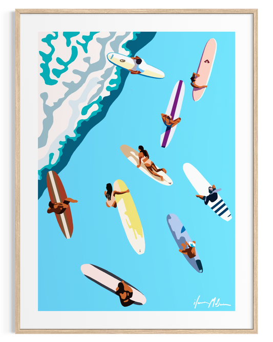 Beyond the Break surfer artwork by Ilana McBain showing surfers waiting beyond the break in bright turquoise ocean water. Contemporary surf inspired art print designed for modern coastal interiors.
