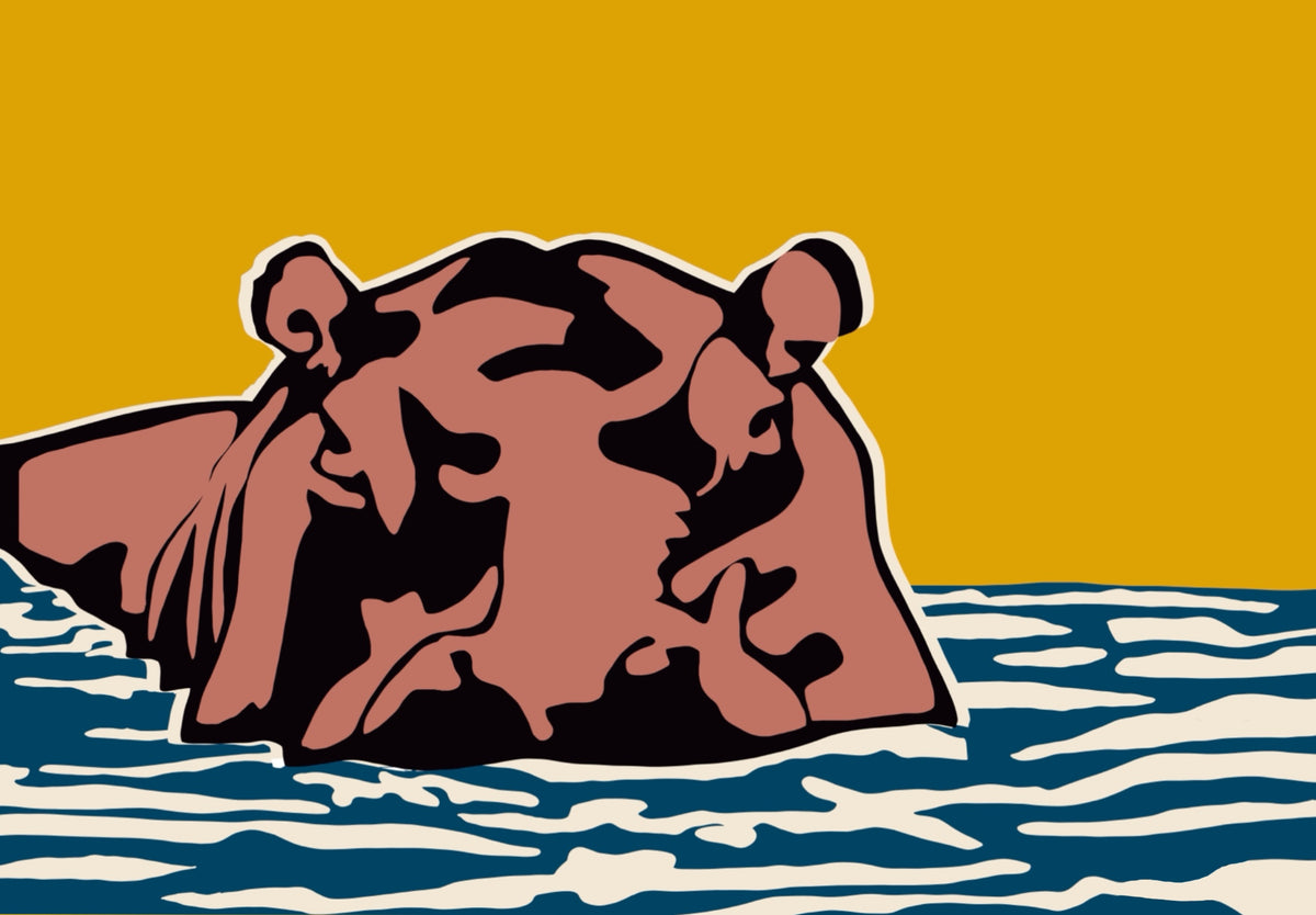 Boss of the River contemporary hippo art print by Ilana McBain featuring a stylised hippo face emerging from deep blue water against a mustard yellow background.