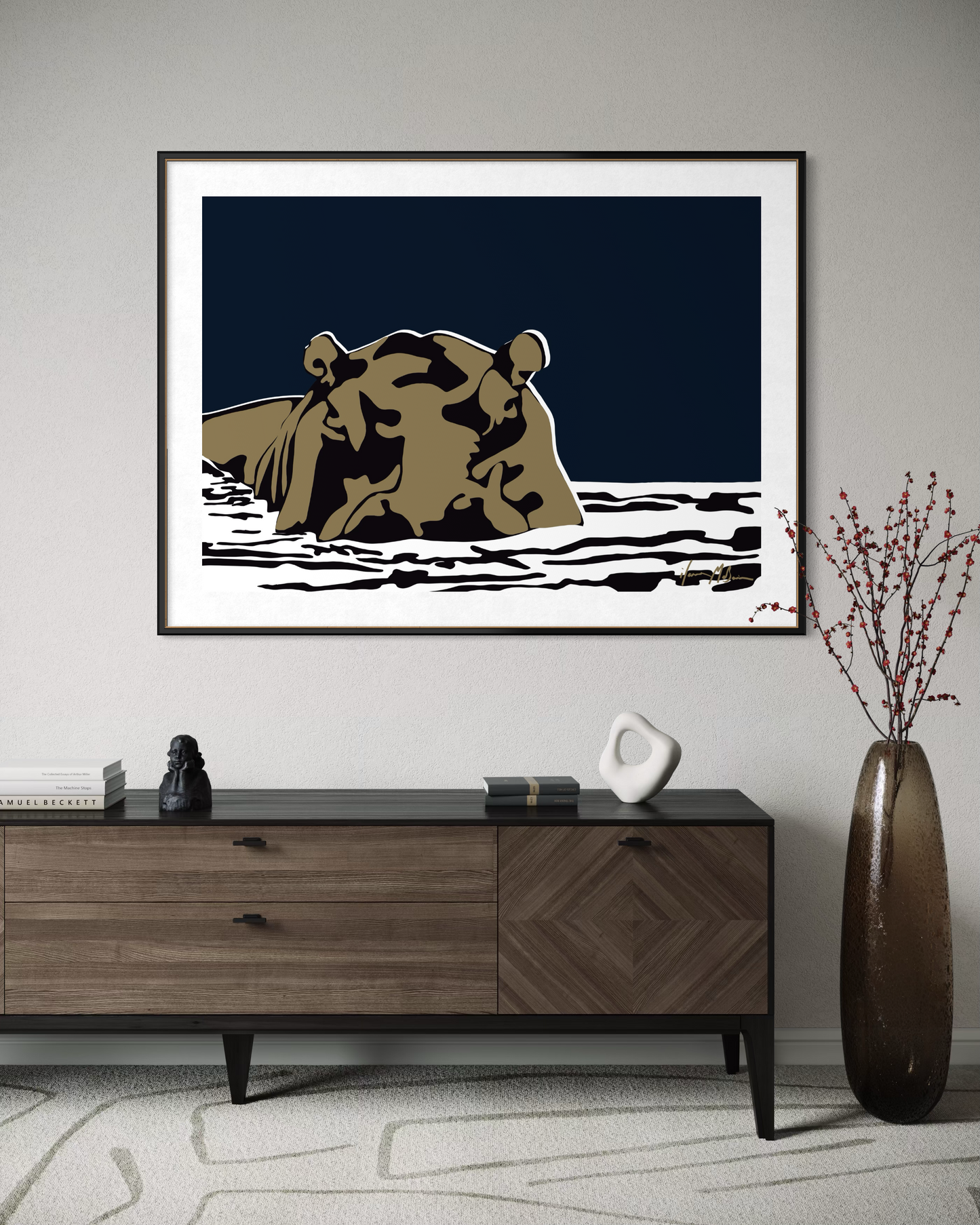 Boss of the River Midnight Blue hippo wall art by Ilana McBain displayed above wooden sideboard in modern living room
