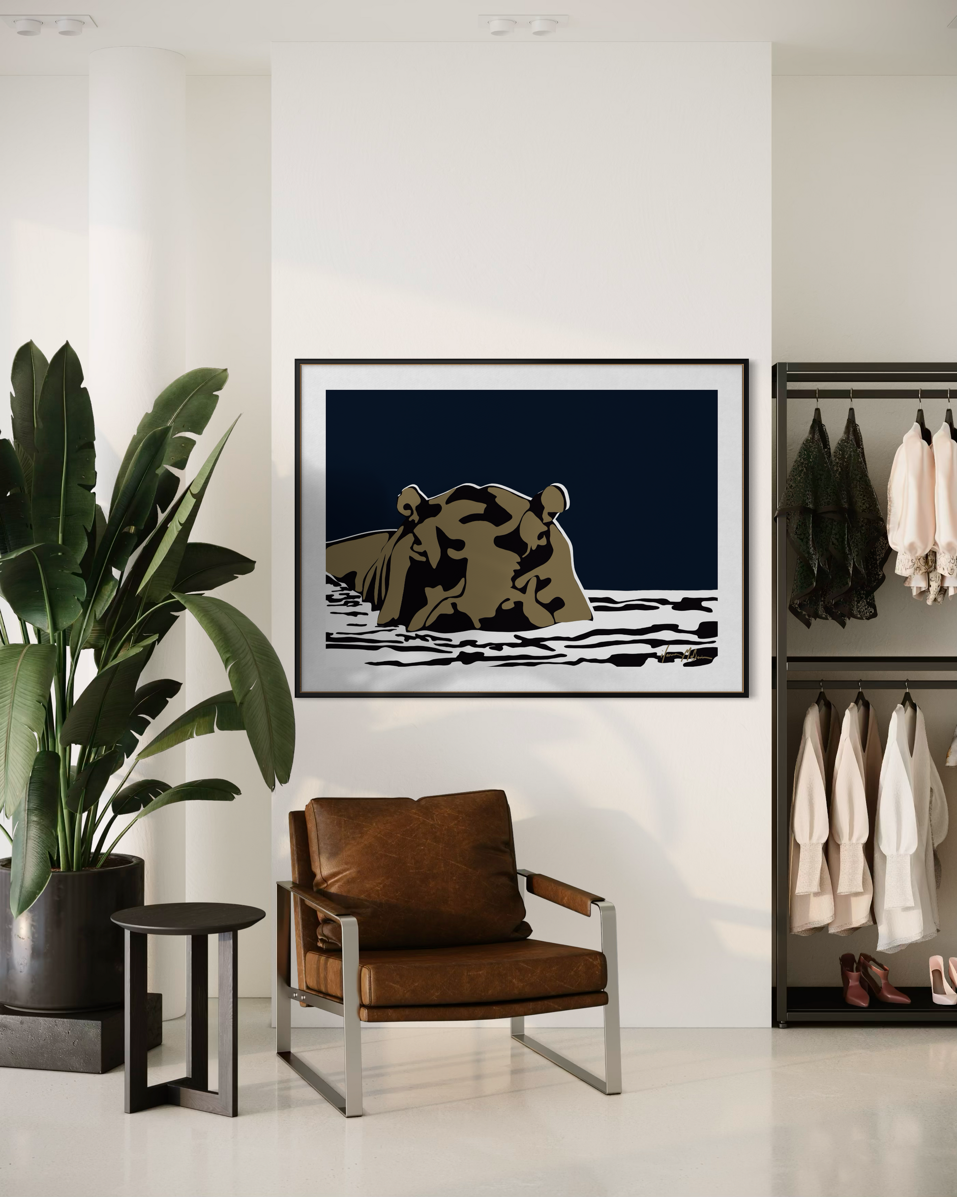 Boss of the River Midnight Blue hippo artwork by Ilana McBain displayed above chair in contemporary interior