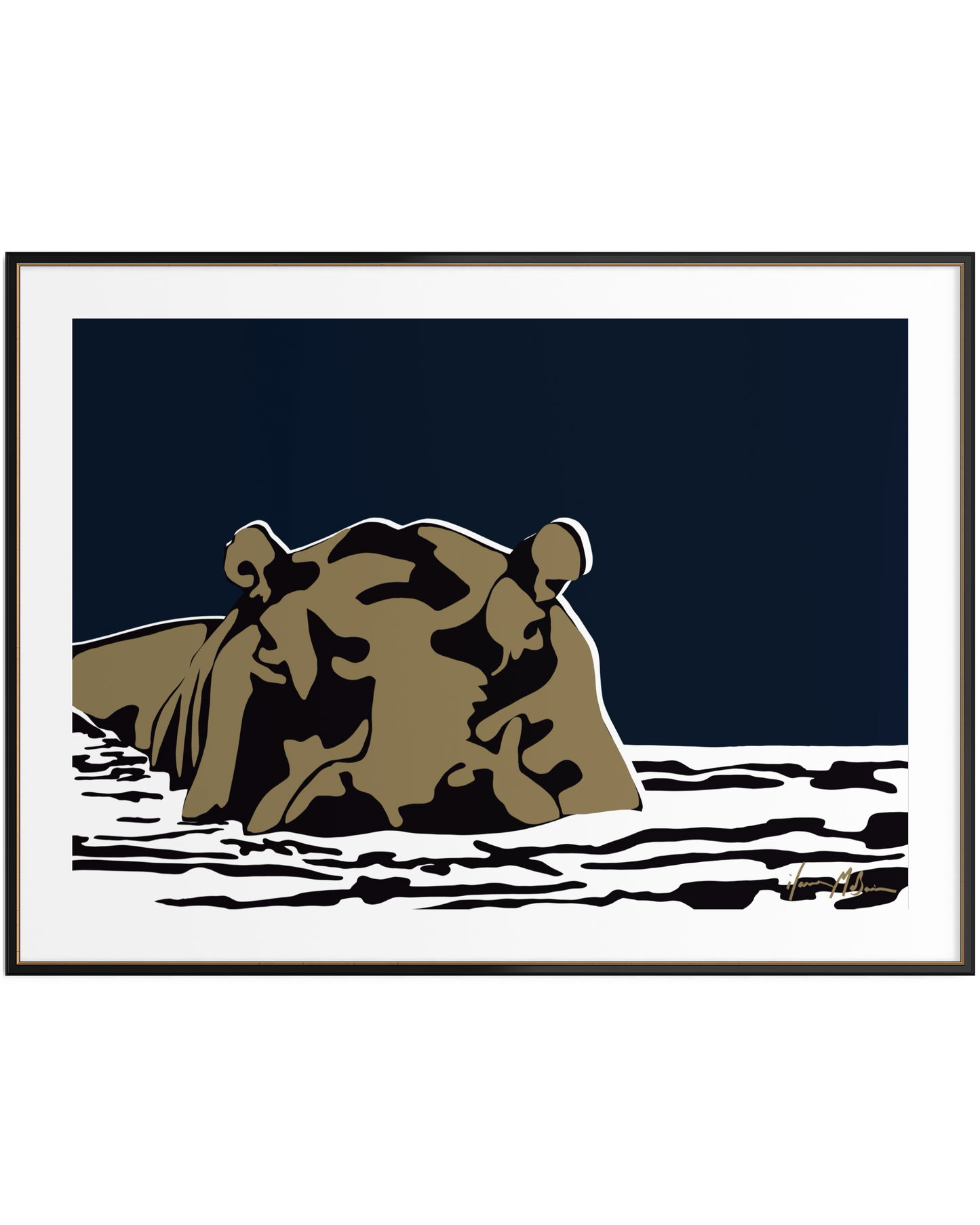 Boss of the River Midnight Blue hippo fine art print by contemporary Australian artist Ilana McBain

