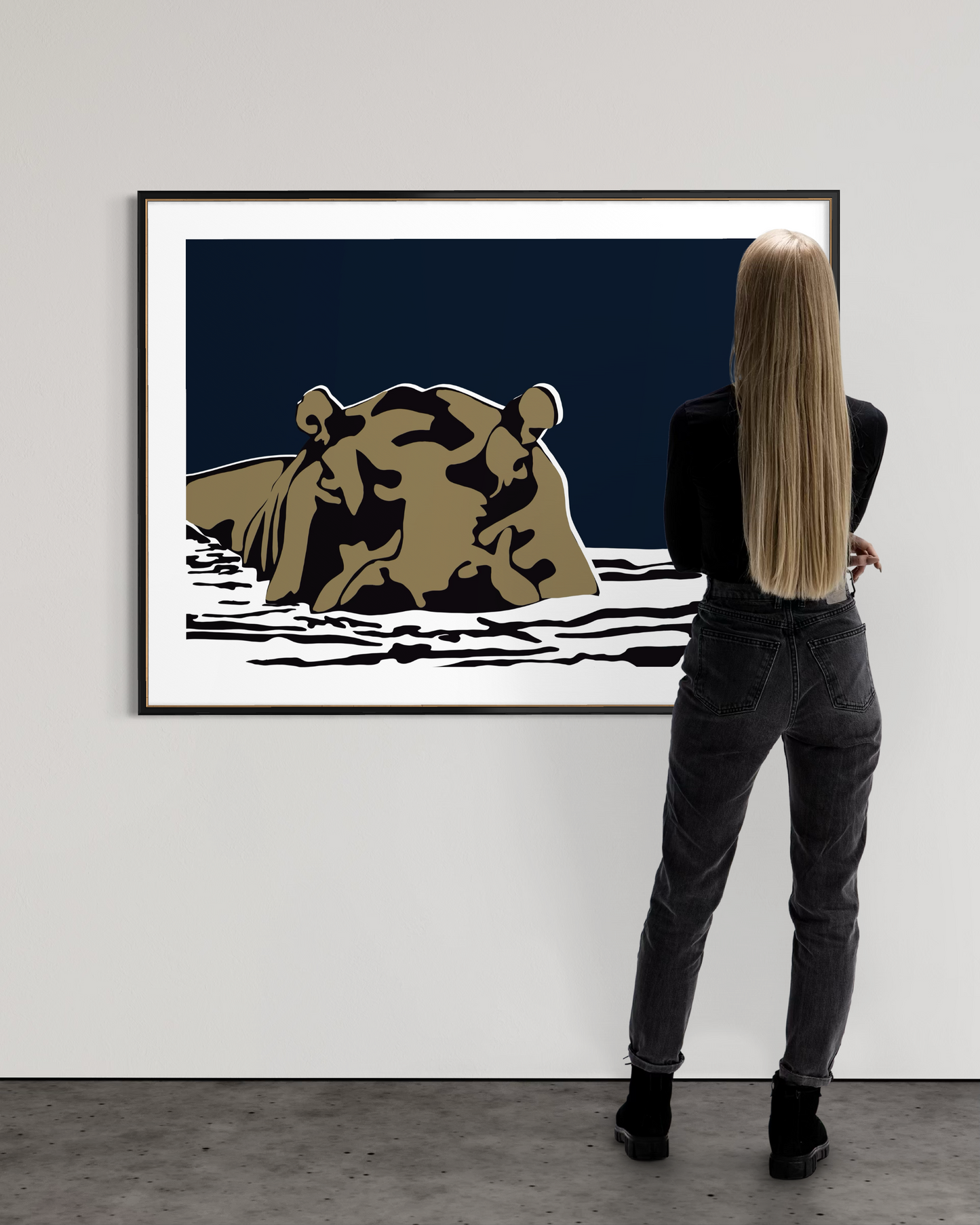 Boss of the River Midnight Blue hippo wall art by Australian artist Ilana McBain displayed in modern interior with viewer for scale