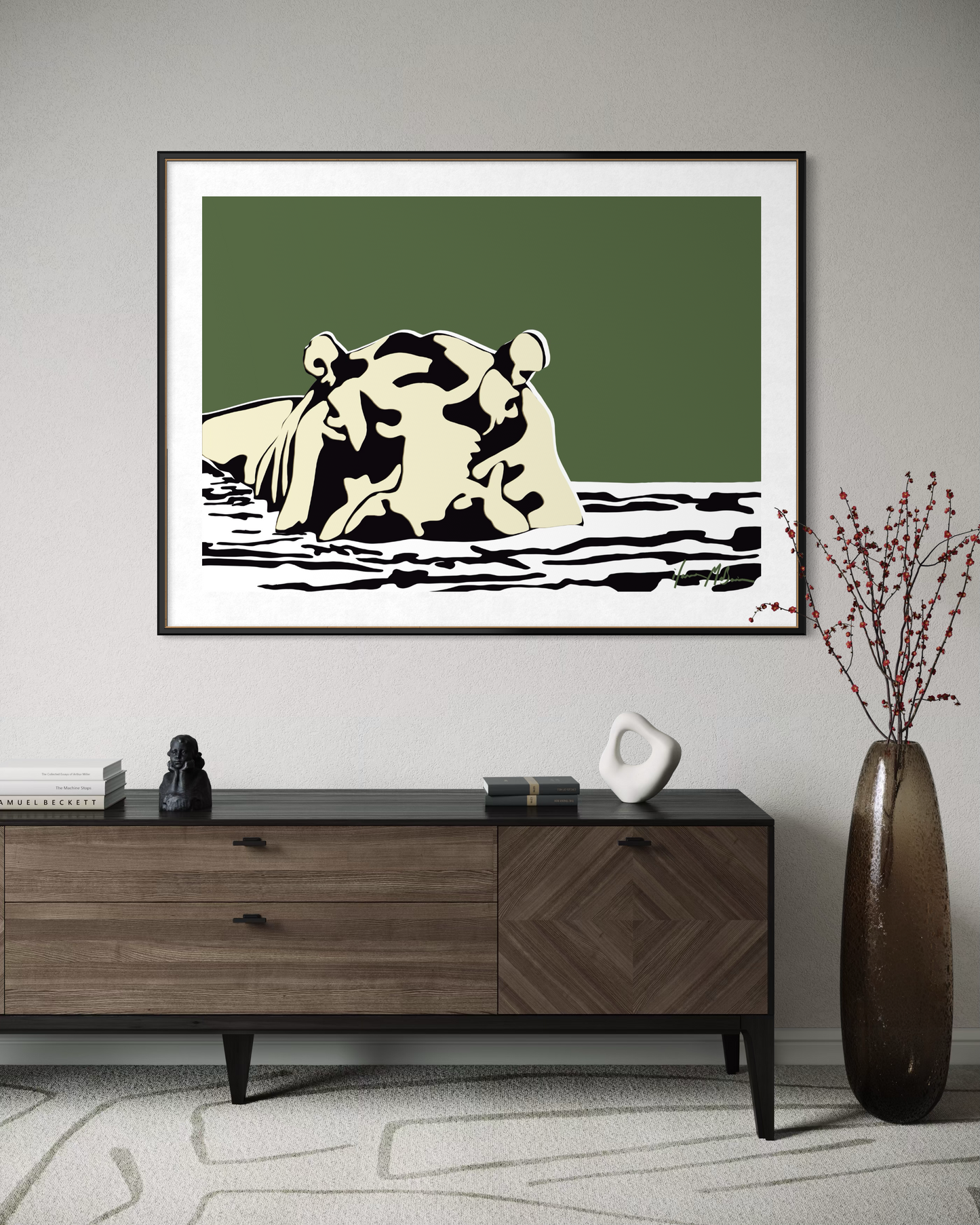 Boss of the River Olive Edition hippo artwork by Ilana McBain displayed above wooden sideboard in modern living room interior