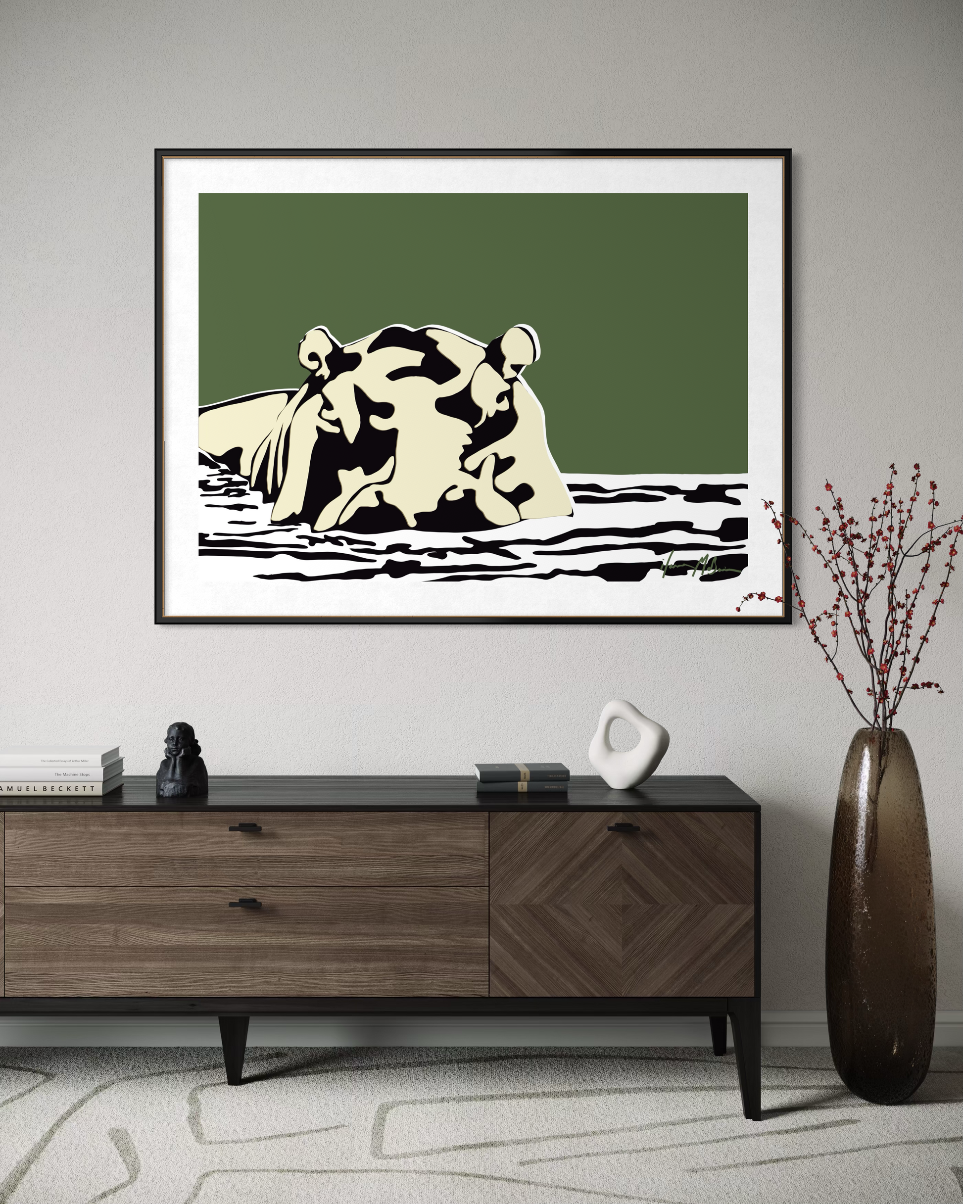 Boss of the River Olive Edition hippo artwork by Ilana McBain displayed above wooden sideboard in modern living room interior