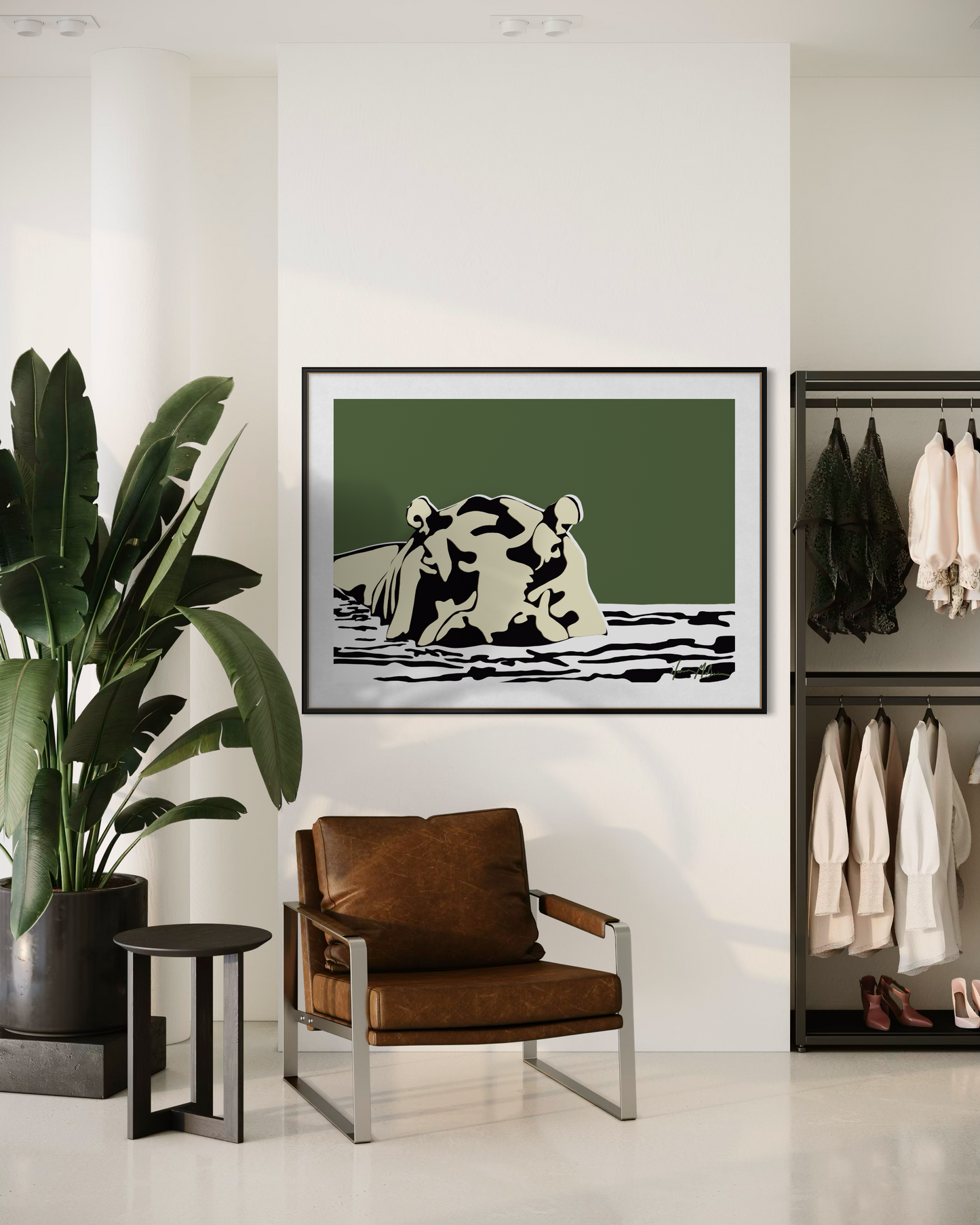 Contemporary hippo wall art Boss of the River Olive Edition by Ilana McBain styled in modern interior with chair and plant