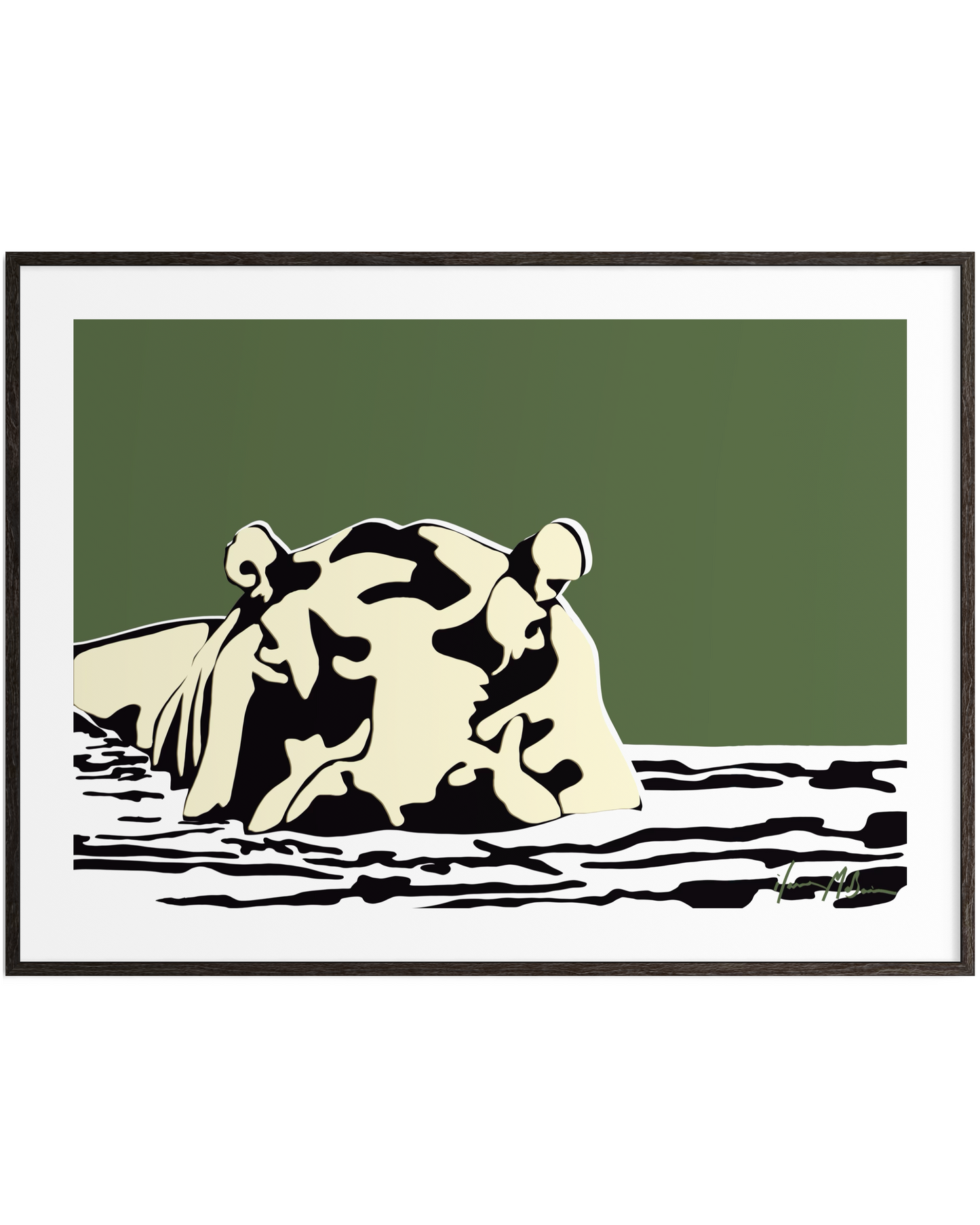 Olive green hippo wall art titled Boss of the River Olive Edition by contemporary Australian artist Ilana McBain