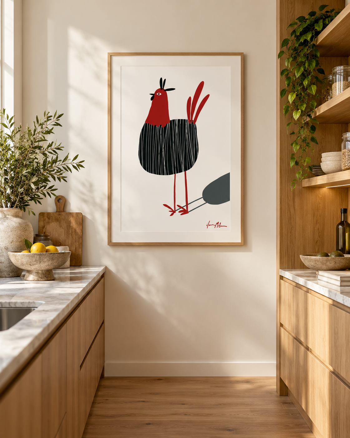 Bossy contemporary chicken art print by Ilana McBain styled in a warm modern butler pantry with natural timber shelving, marble benchtops and soft daylight.