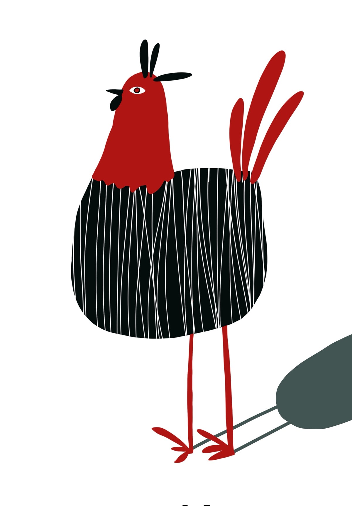 Bossy contemporary chicken art print by Ilana McBain featuring a bold red and black whimsical hen on a light background.