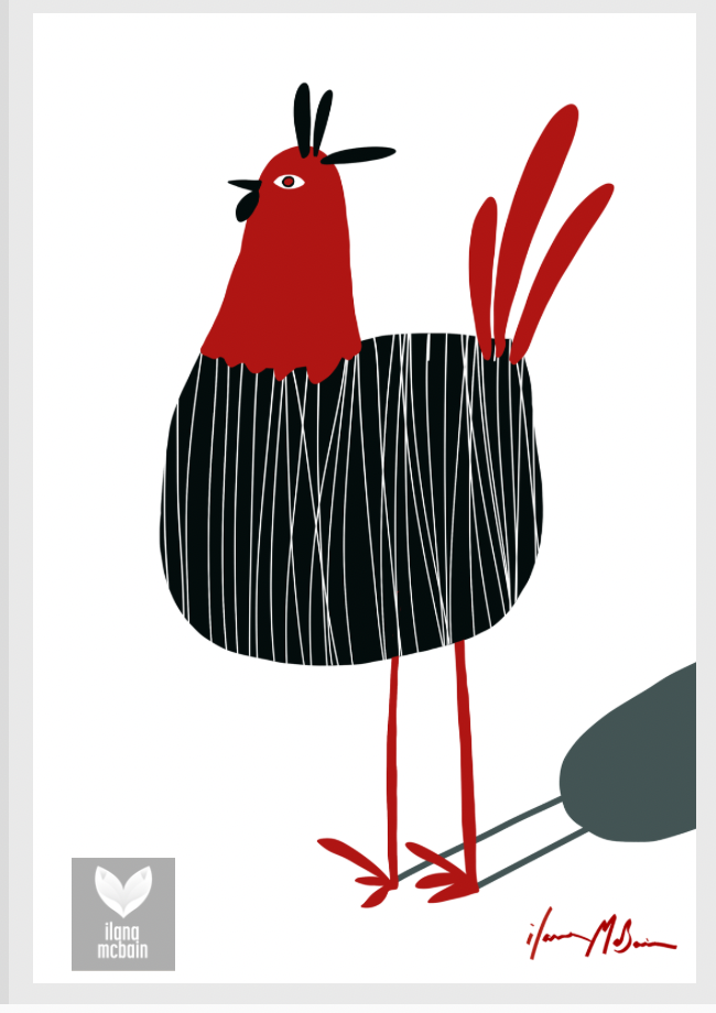 Stylised red and black chicken named Bossy, contemporary kitchen wall art by Australian artist Ilana McBain.